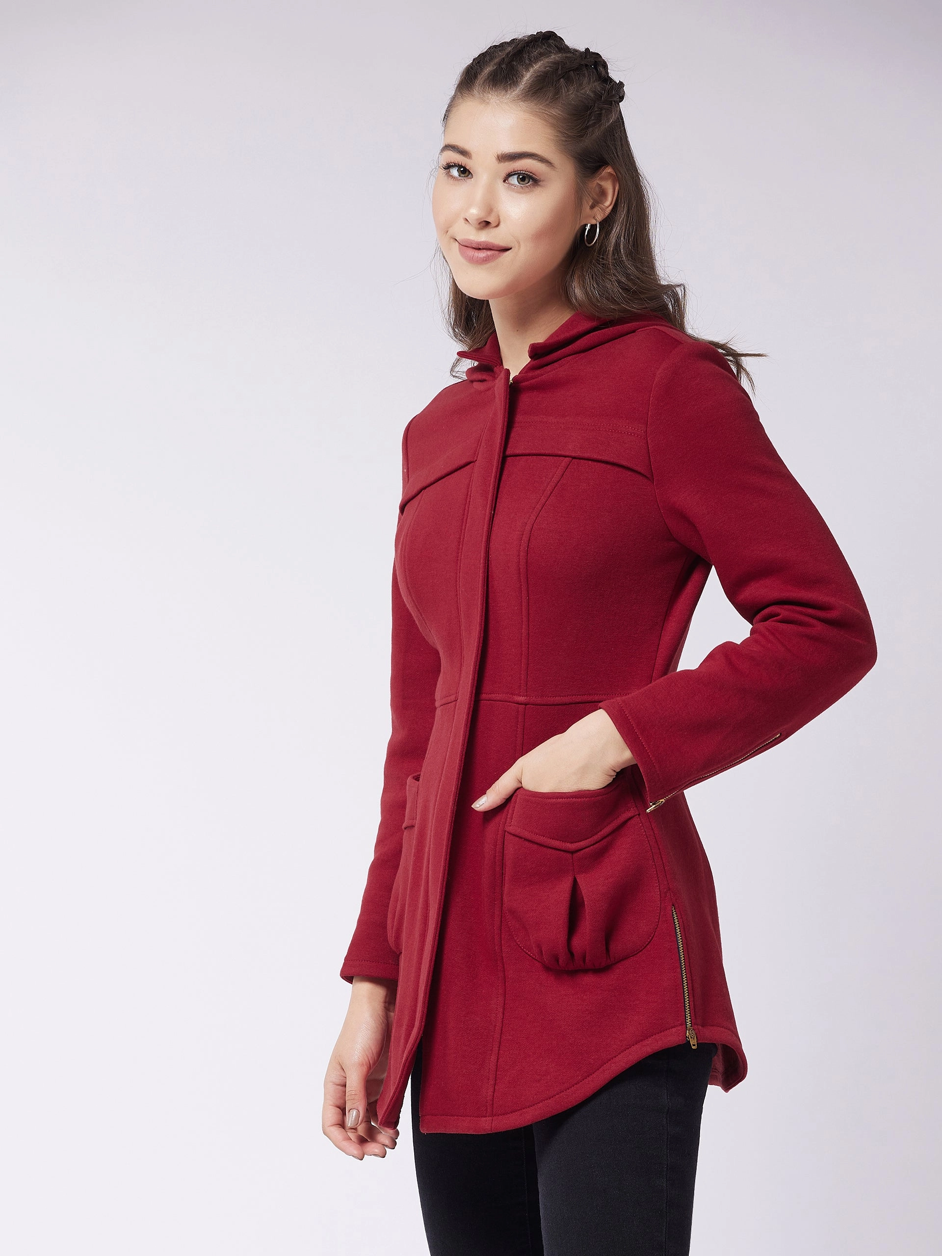 Women's Maroon Hooded Full Sleeve Solid Longline Jacket Transitional Wear Lightweight insulation