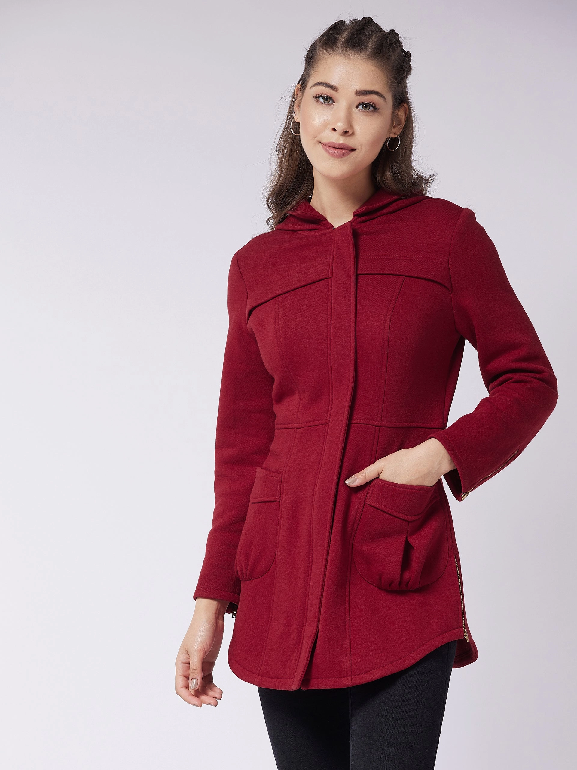 Soft Shell Windproof Cuffs Women's Maroon Hooded Full Sleeve Solid Longline Jacket