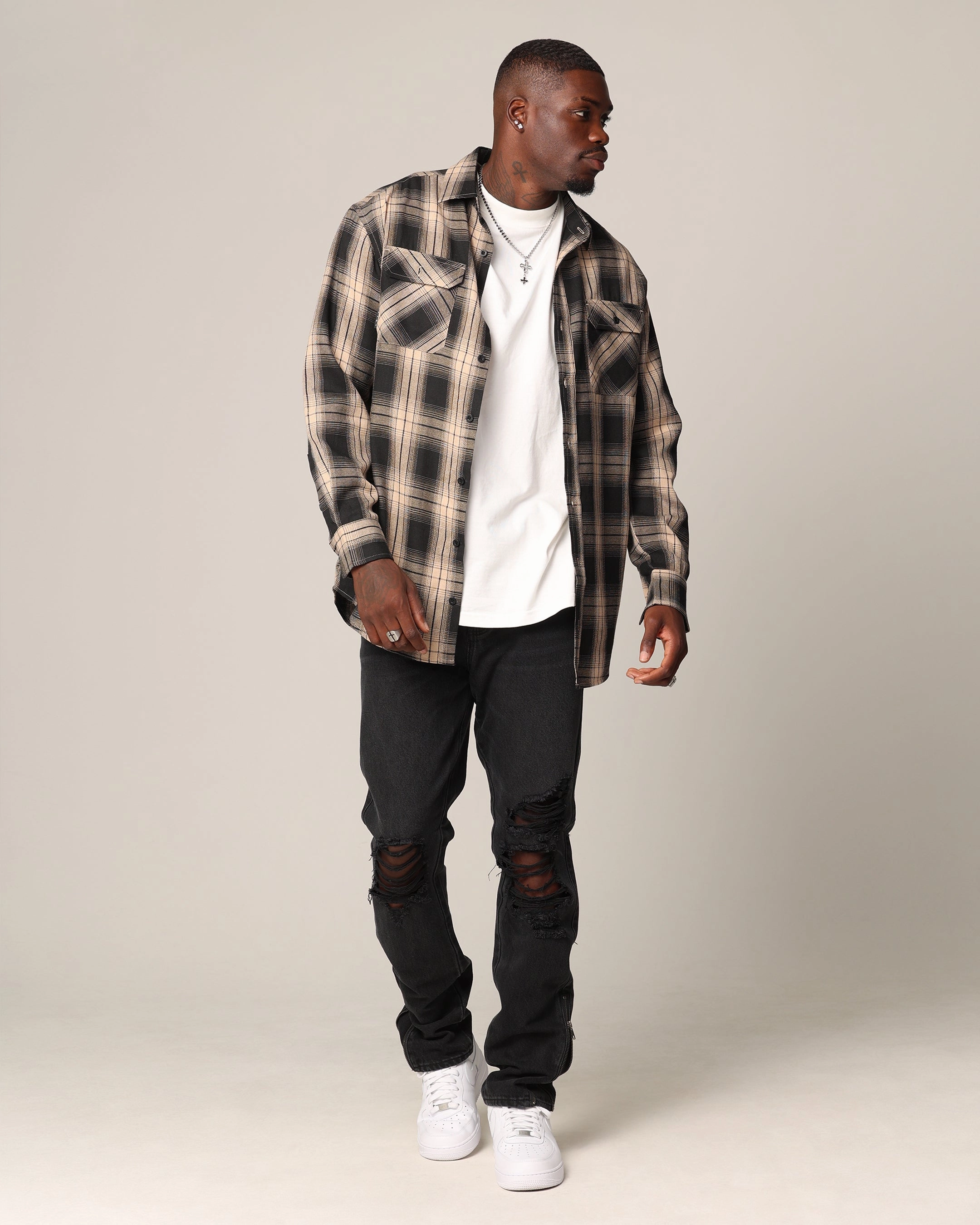 Raw Edge Detail Saint Morta Icon Flannel Shirt Tan/Black