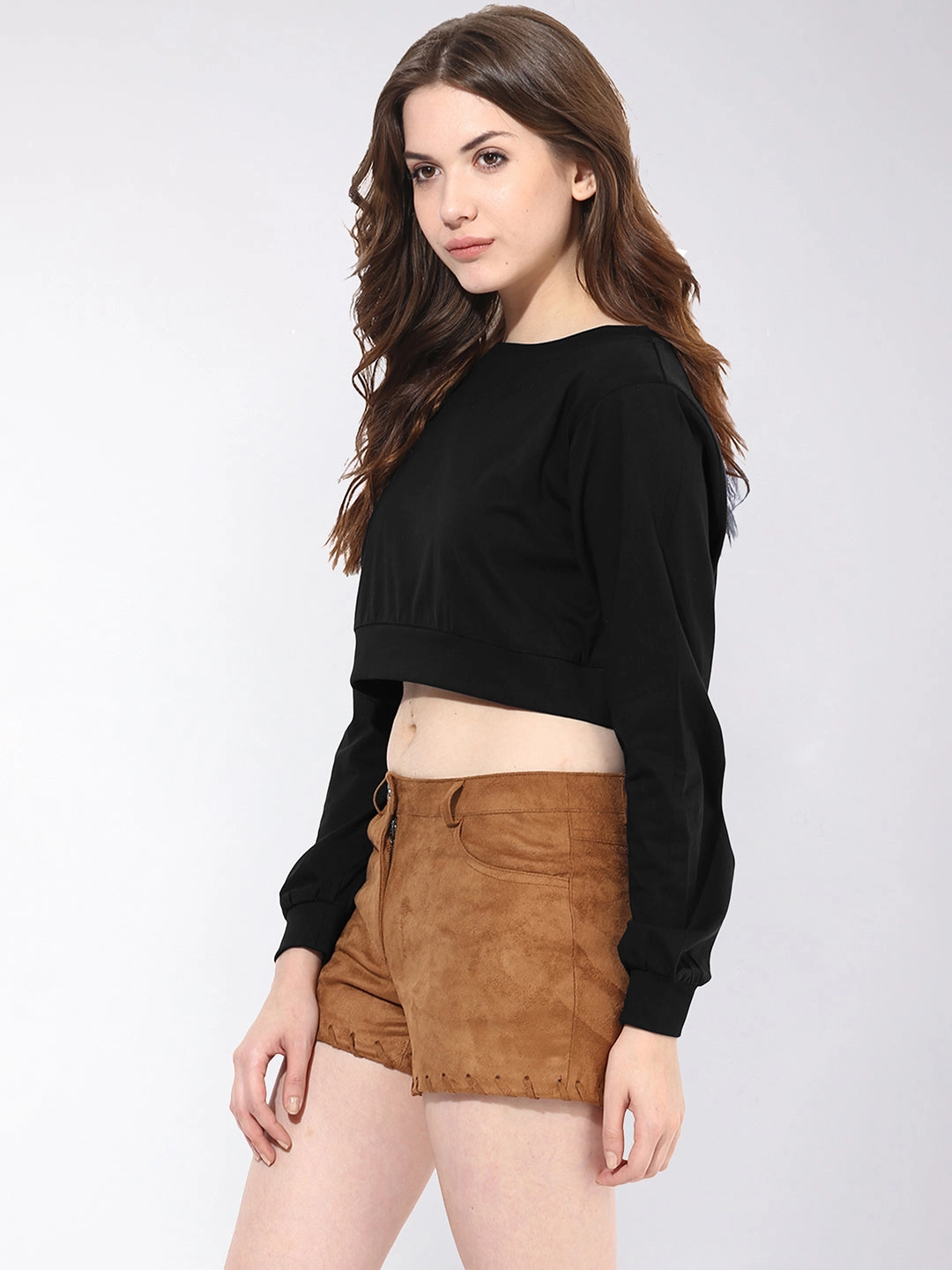 Women's Black Round Neck Full Sleeves Oversized Boxy Crop Top Flexible Neckline