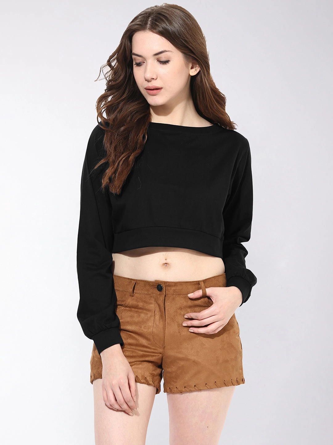 Women's Black Round Neck Full Sleeves Oversized Boxy Crop Top Anti Static Fabric