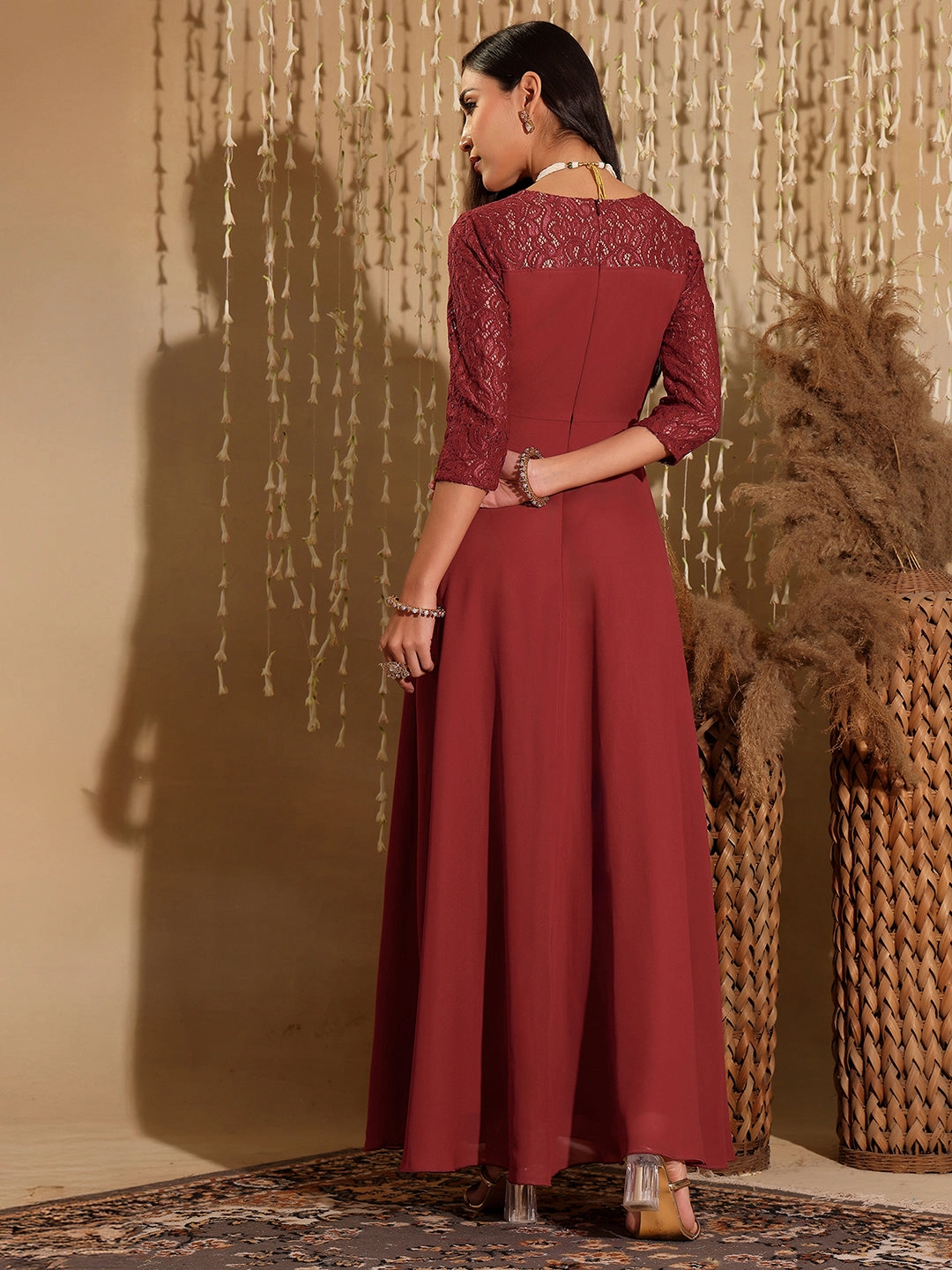 Women's Brick Red V-Neck 3/4 Sleeve Self-Designed Wrap Styled Georgette Maxi Dress Coral Soft Clear Blush