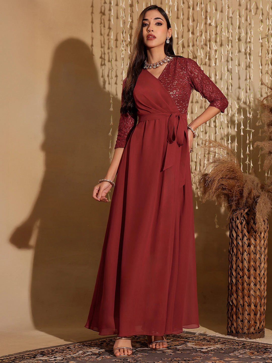Bow Soft Women's Brick Red V-Neck 3/4 Sleeve Self-Designed Wrap Styled Georgette Maxi Dress