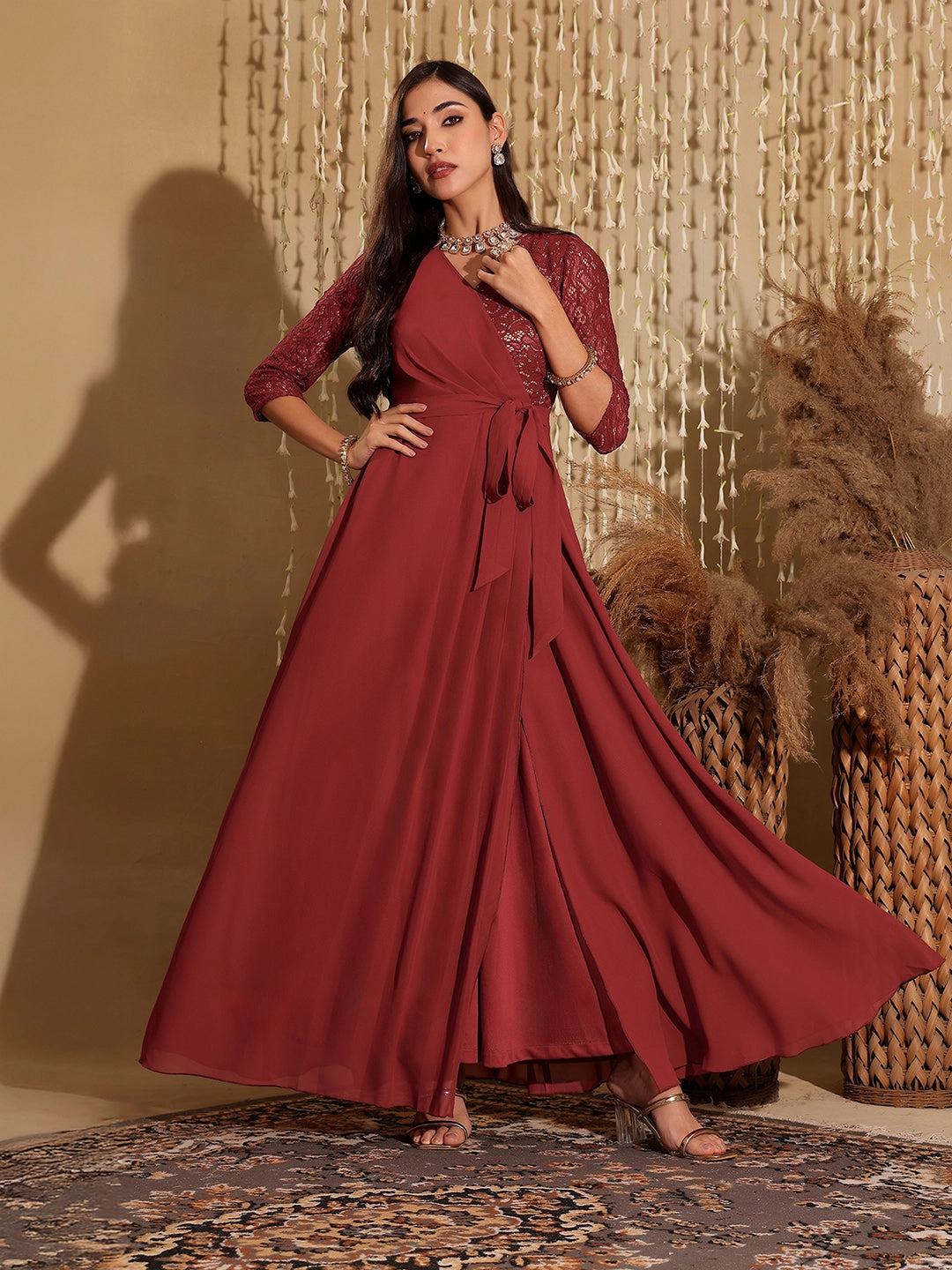Lounge Feel Smile Soft Women's Brick Red V-Neck 3/4 Sleeve Self-Designed Wrap Styled Georgette Maxi Dress