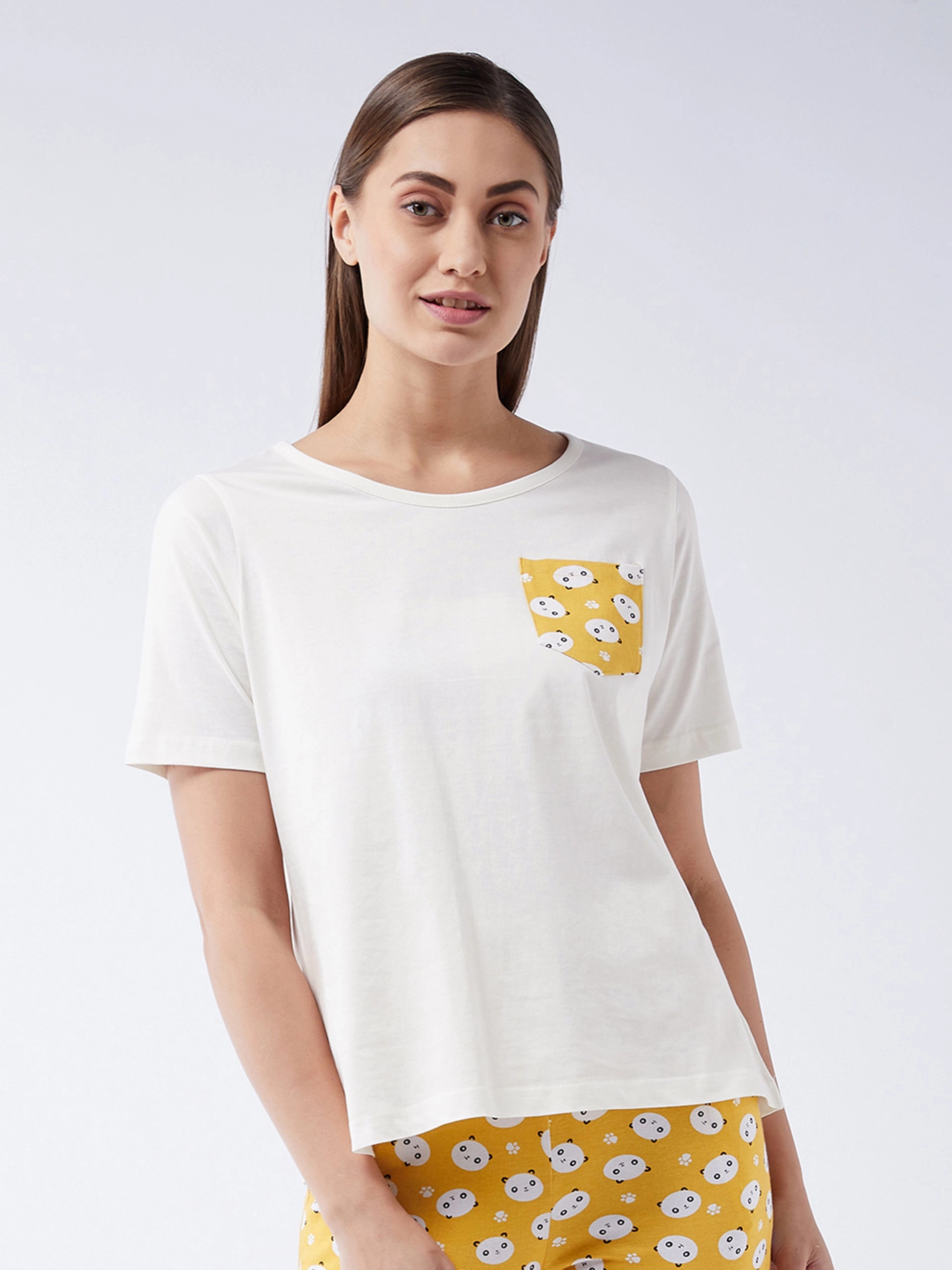Contrast Stitching WaffleWeave Women's White Round Neck Short Sleeves Printed Regular length T-shirt