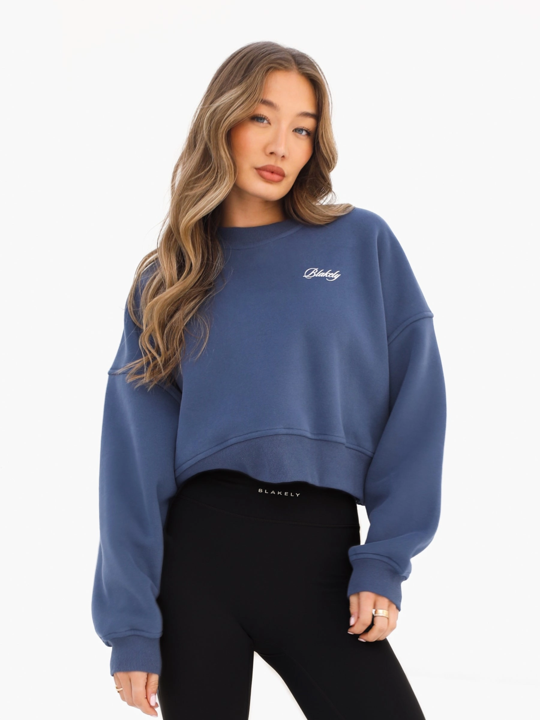 Off Duty Cropped Sweater - Steel Blue Calm Outfit High Elasticity Fiber