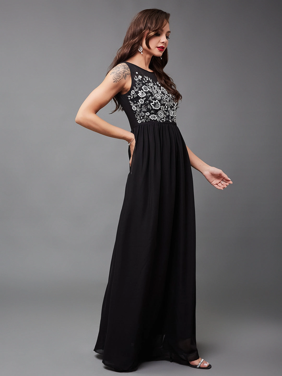 Women's Black Boat Neck Sleeveless Solid Embellished Maxi Dress All Moments