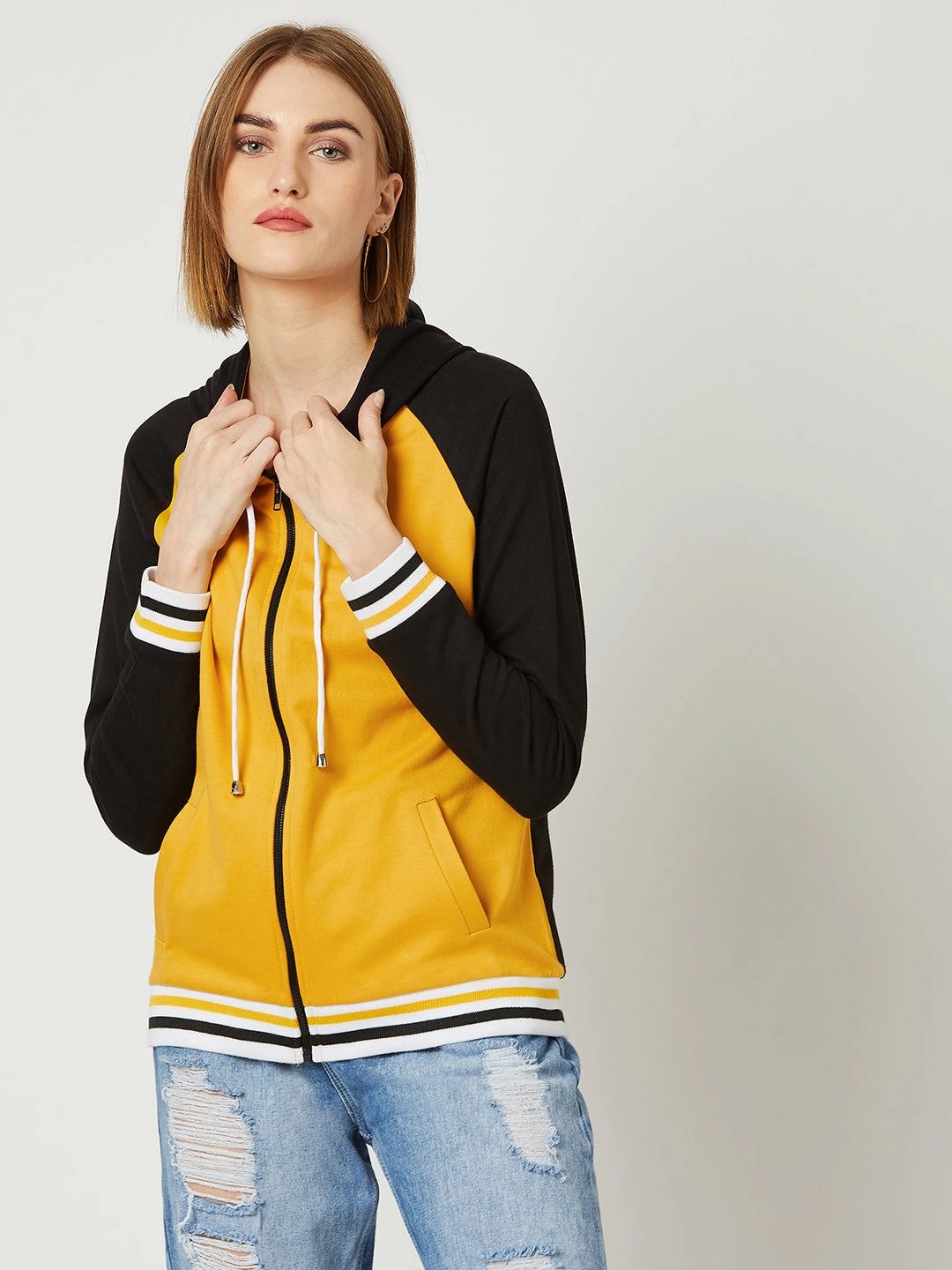 Women's Multicolored- Base- Mustard Yellow Hooded Full Sleeves Loop knit, Rib Solid Color-Block/Raglan Regular Length Jacket No Collar Weekend Casual