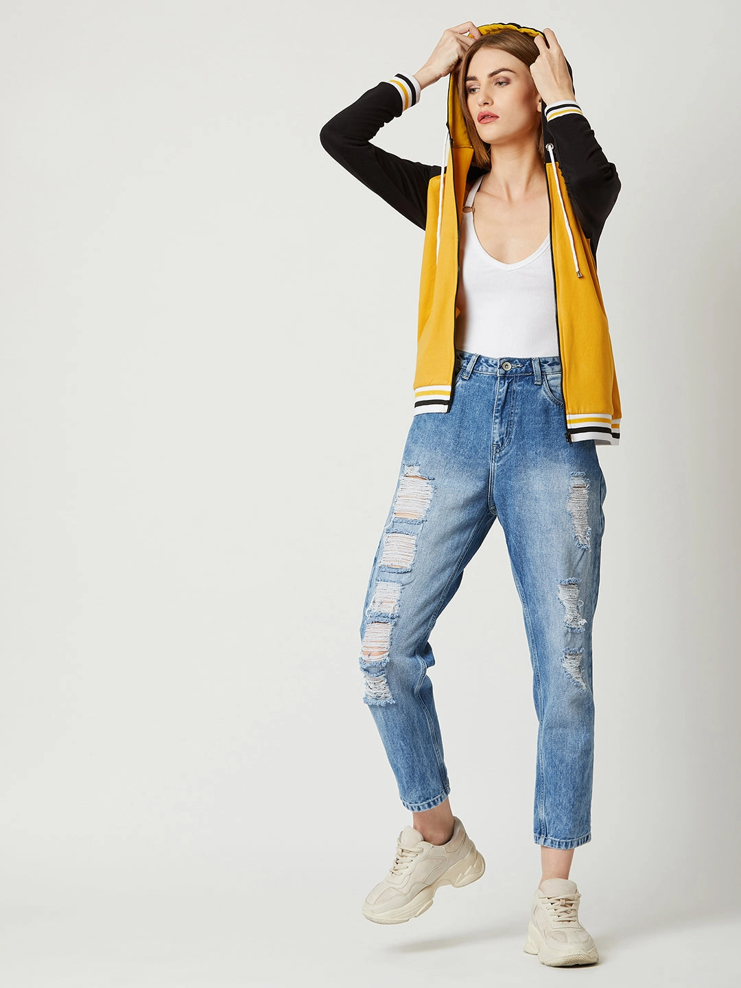 Women's Multicolored- Base- Mustard Yellow Hooded Full Sleeves Loop knit, Rib Solid Color-Block/Raglan Regular Length Jacket SiliconeGrip