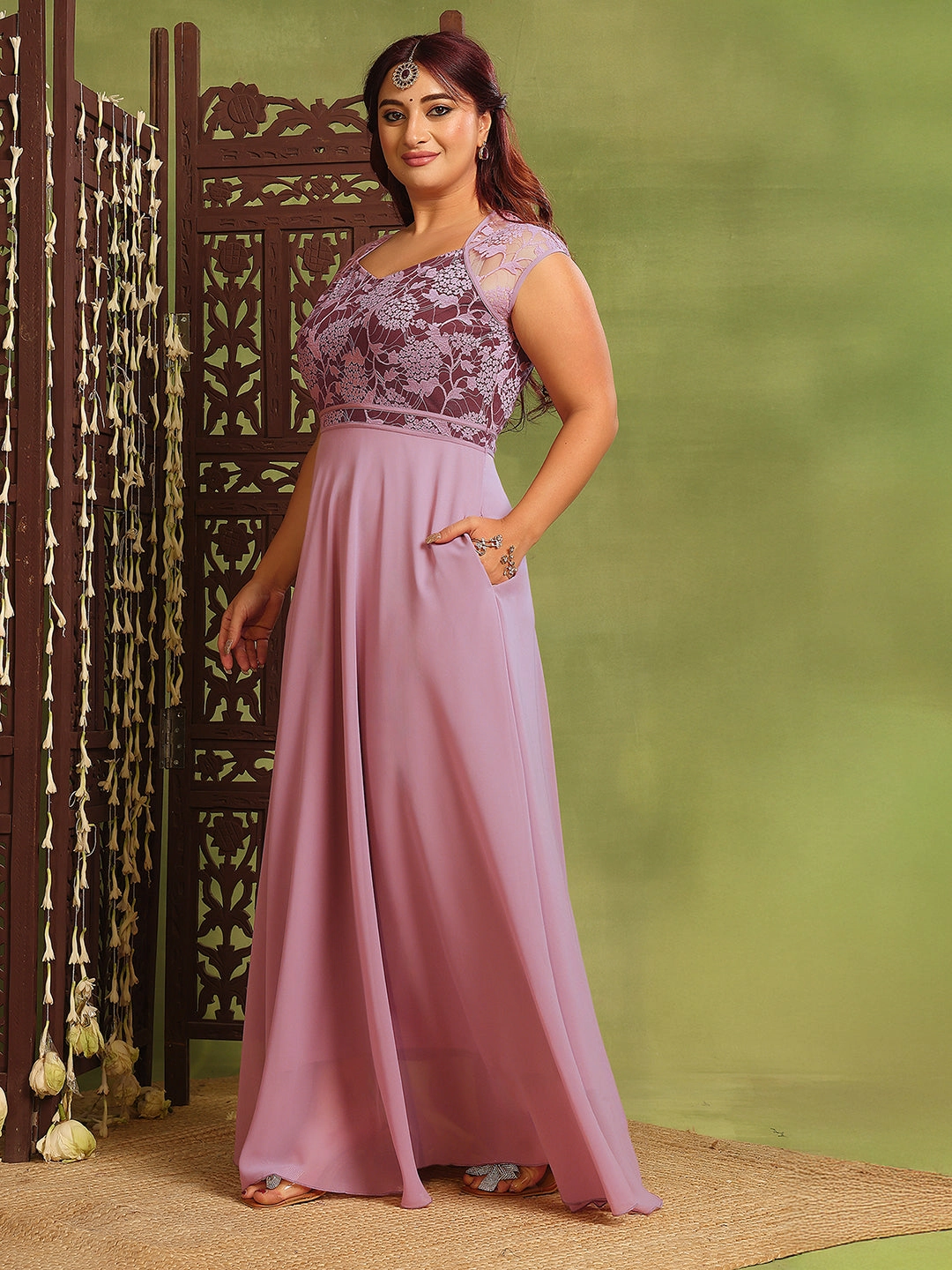 Women's Lavender & Wine V-Neck Cap-Sleeves Floral Lace Fit & Flare Maxi Dress Polite Tone