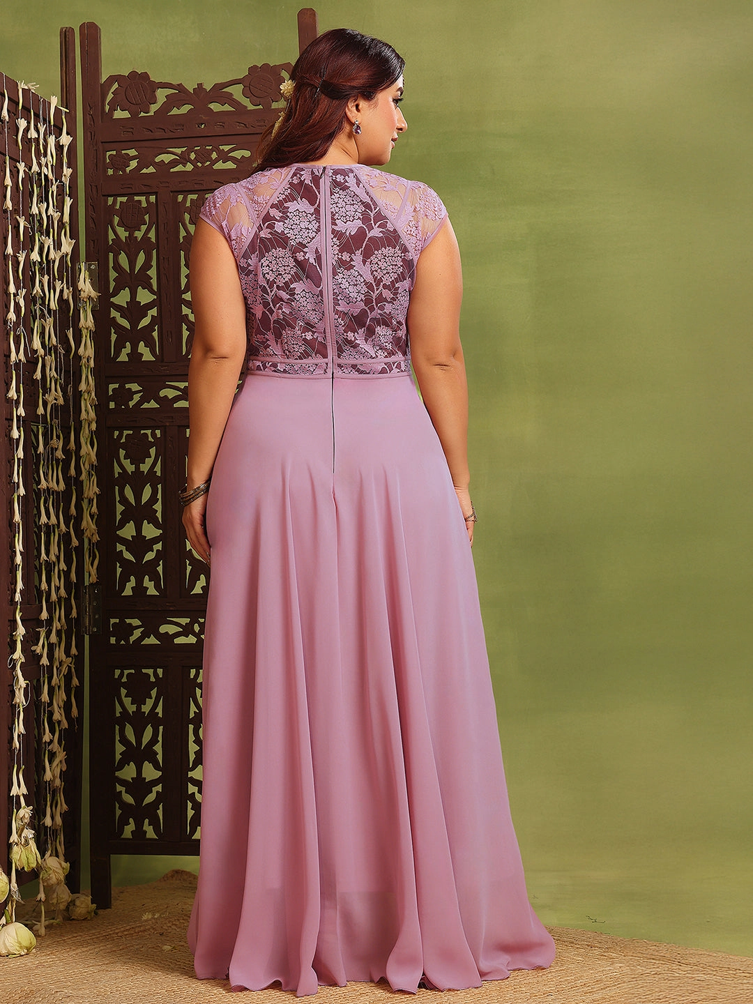 Women's Lavender & Wine V-Neck Cap-Sleeves Floral Lace Fit & Flare Maxi Dress Fall Tone