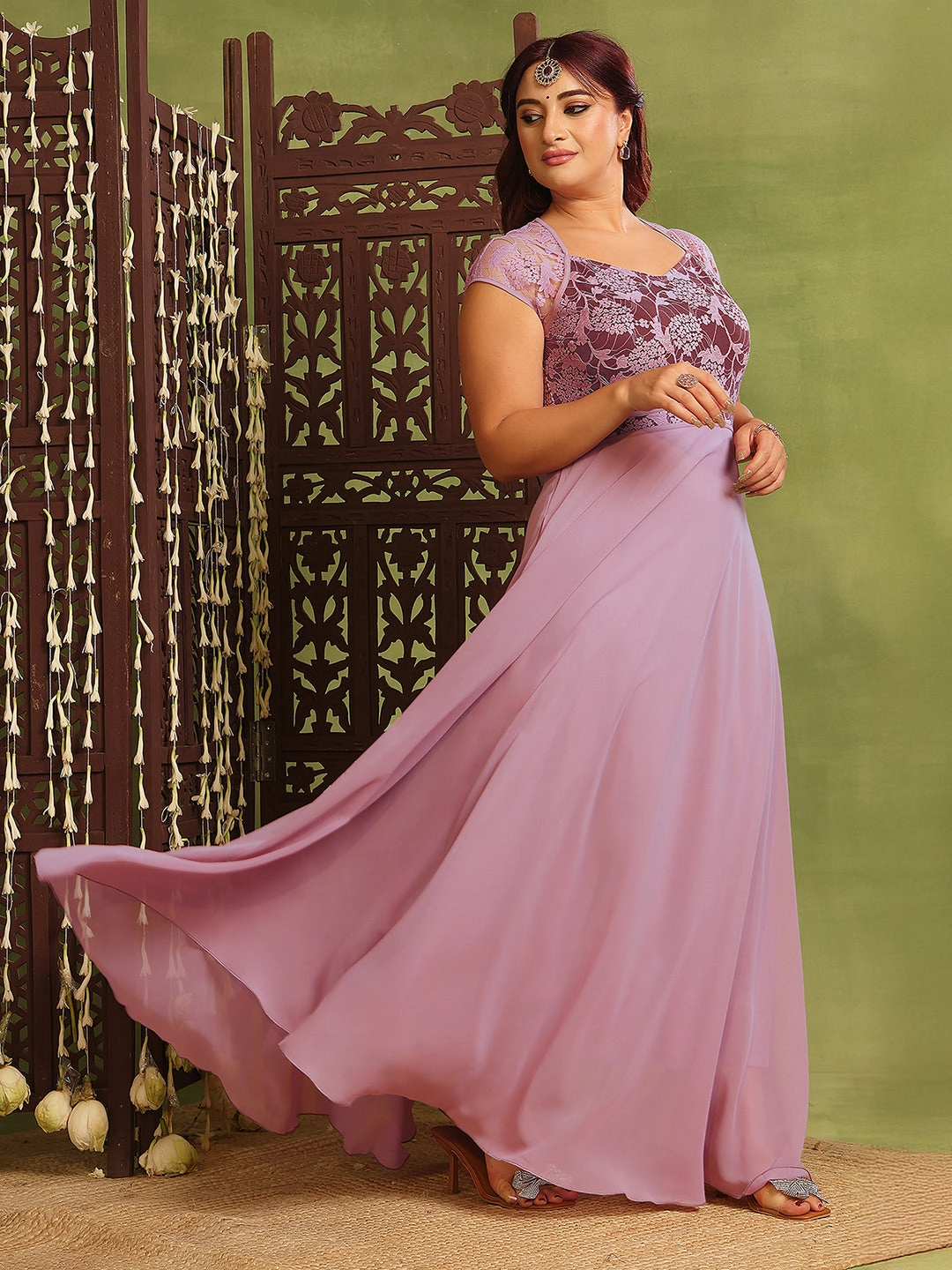Smooth silhouette Women's Lavender & Wine V-Neck Cap-Sleeves Floral Lace Fit & Flare Maxi Dress