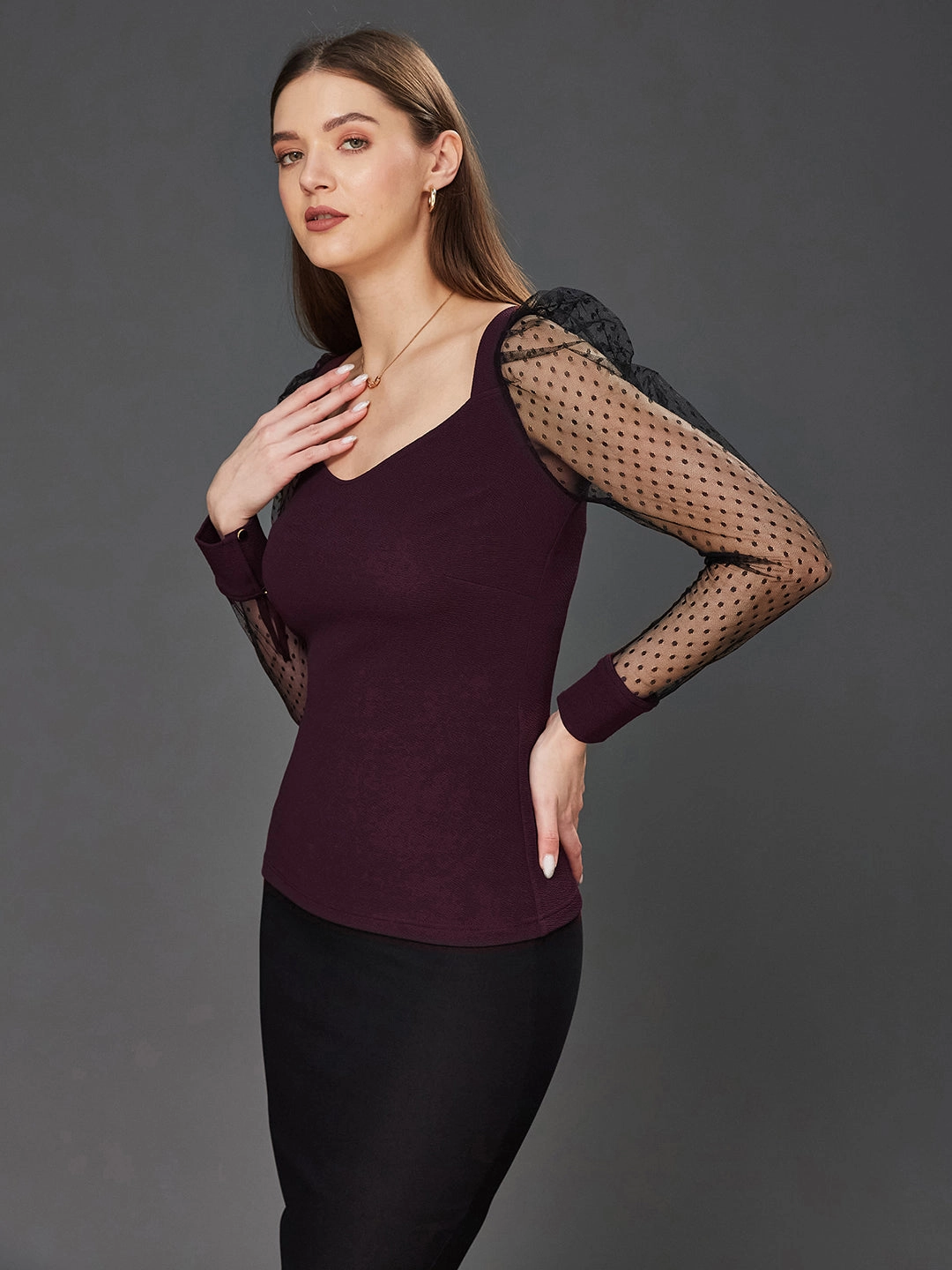 Crease Ease Women's Dark Purple & Black Solid V-Neck Full Sleeve Relaxed Fit Regular Top AntiStaticFabric