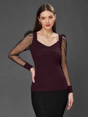 SoftFeel Fabric Crease Ease Women's Dark Purple & Black Solid V-Neck Full Sleeve Relaxed Fit Regular Top