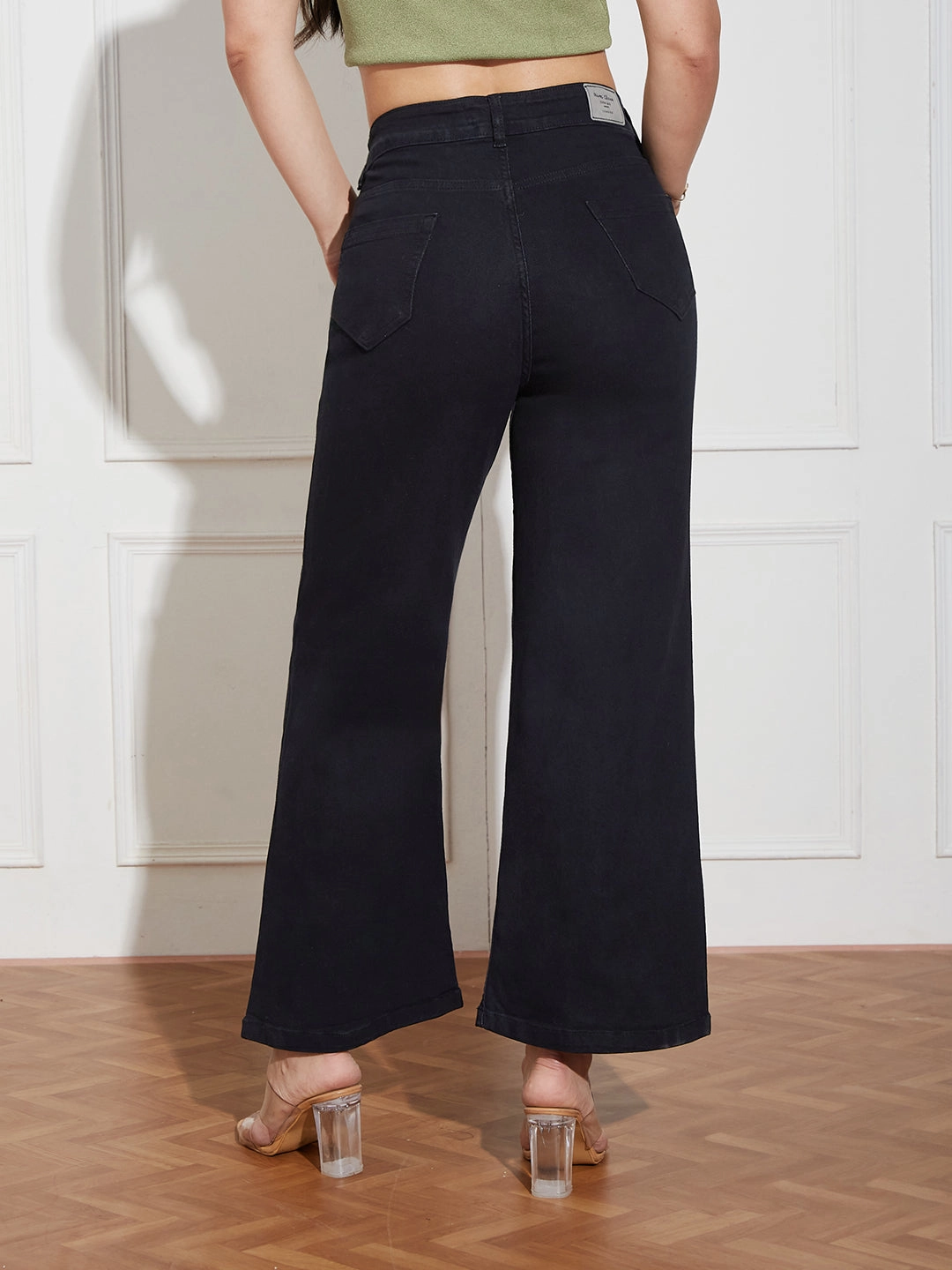 Women's Black Wide-Leg High Rise Clean Look Regular-Length Stretchable Denim Jeans Universal Favorite