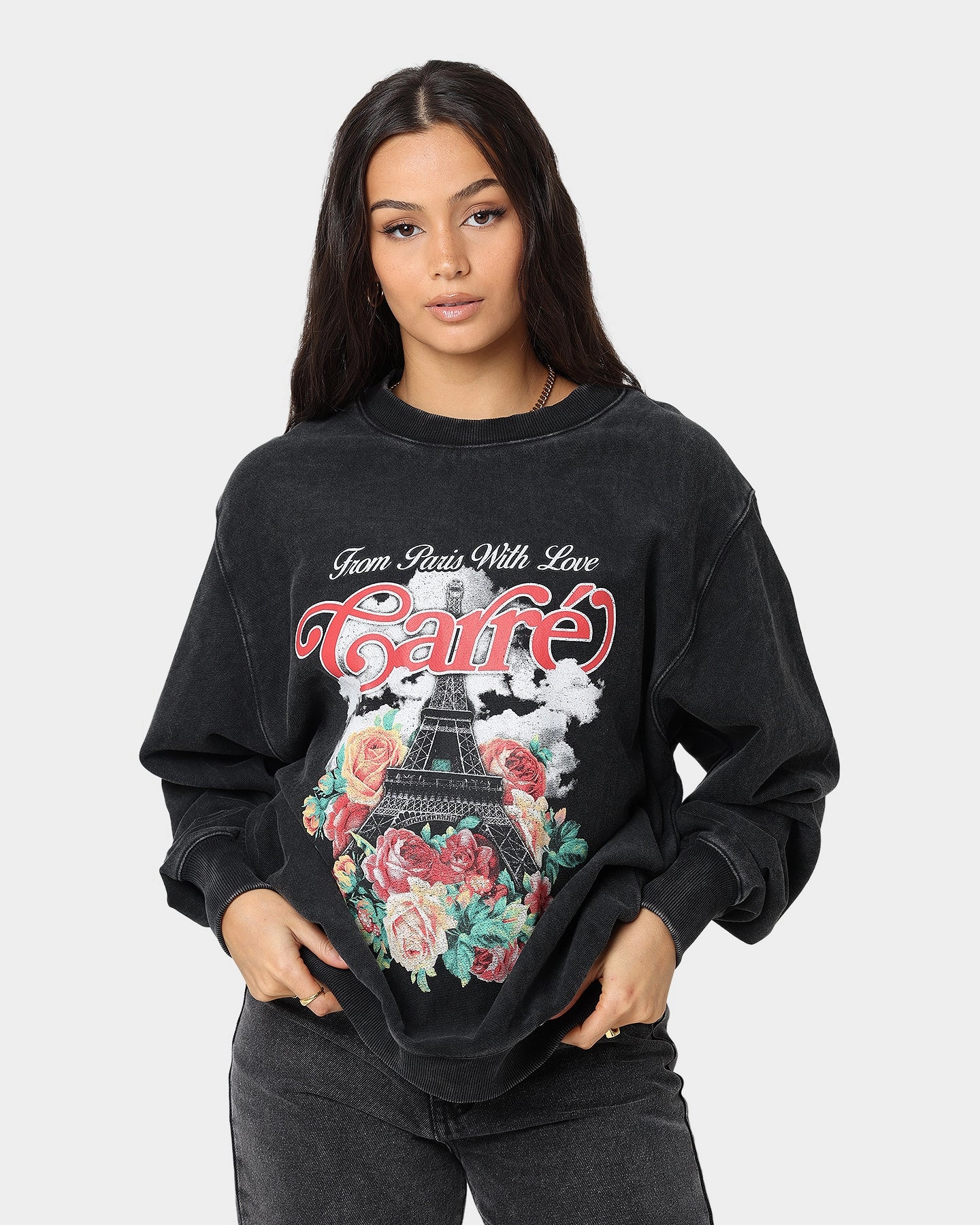 Carre Paris With Love Vintage Crewneck Washed Black Regular Fit Long Sleeve Shirt