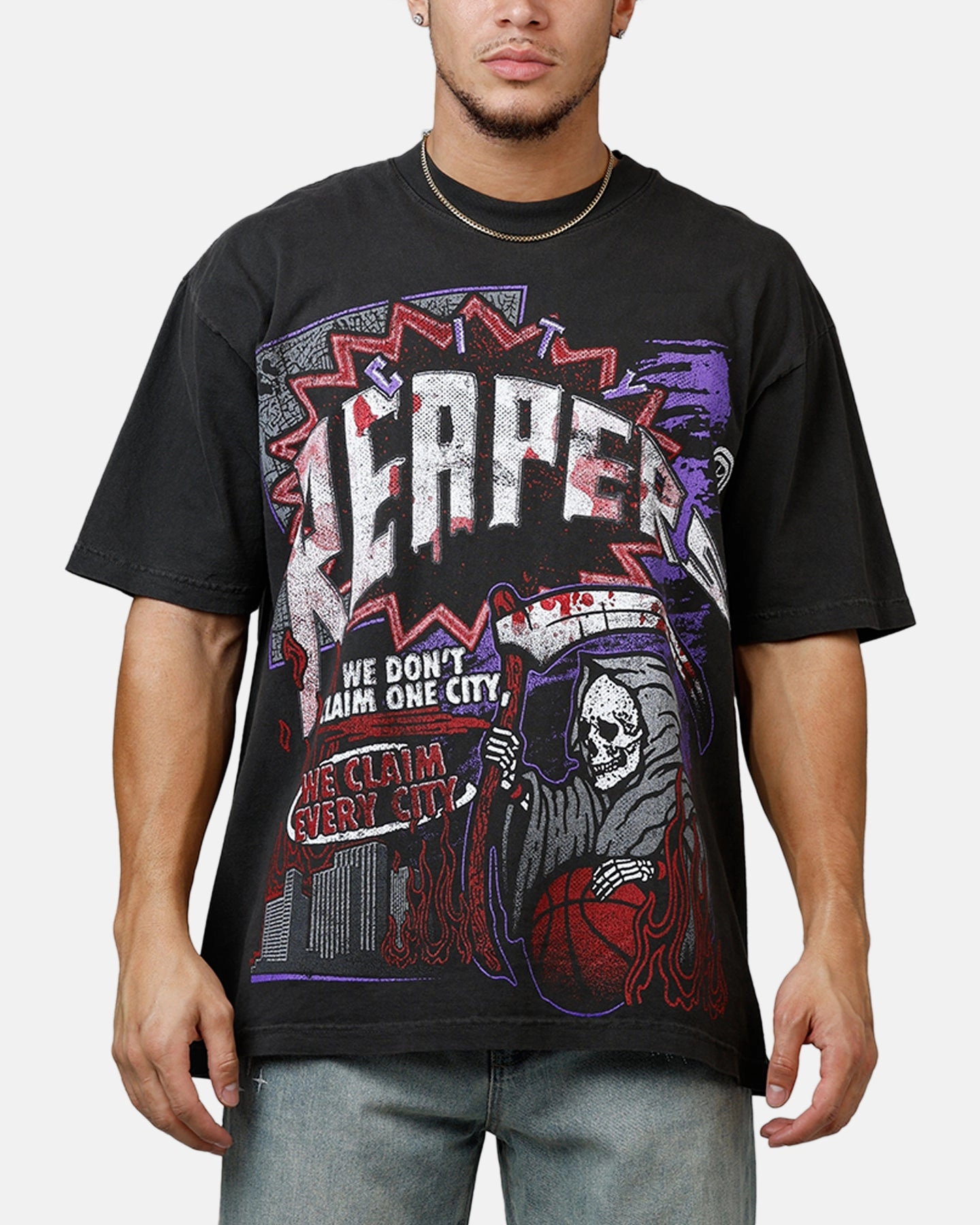 Overtime City T-Shirt Vintage Black ZeroWaste Pattern Layered Neckline