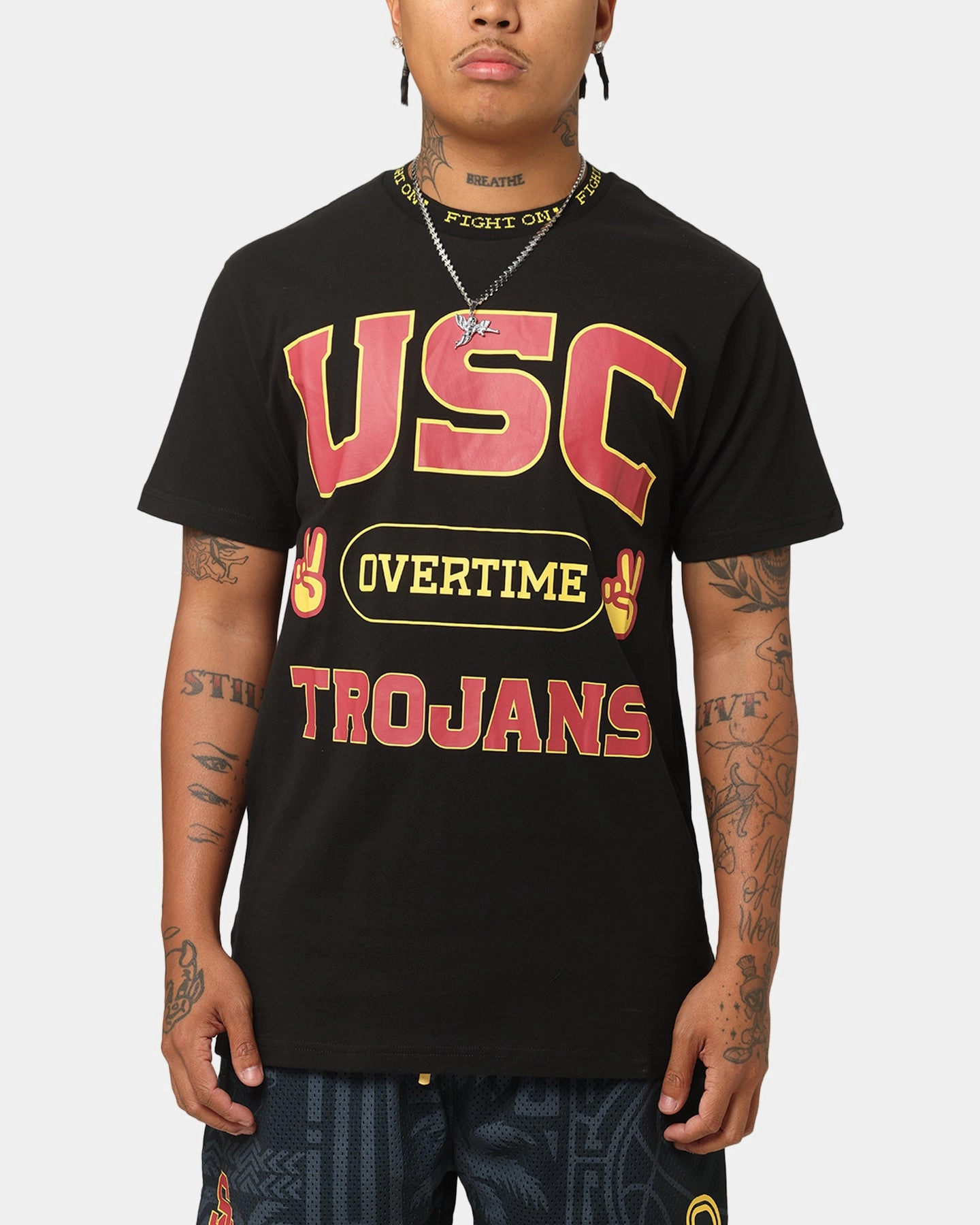 Minimalist Stitching Soft Texture Overtime USC Trojans Fight On T-Shirt Black