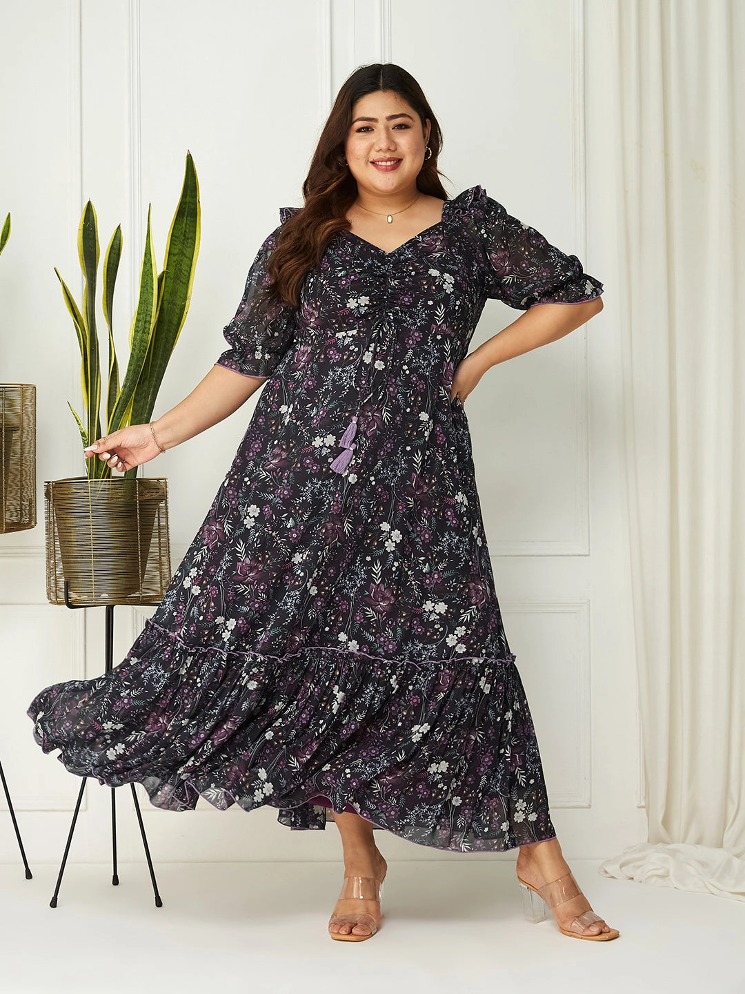 polka-dot Body Bliss Multicolored-Base-Black Floral Ruching Georgette Maxi Dress