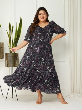 polka-dot Body Bliss Multicolored-Base-Black Floral Ruching Georgette Maxi Dress
