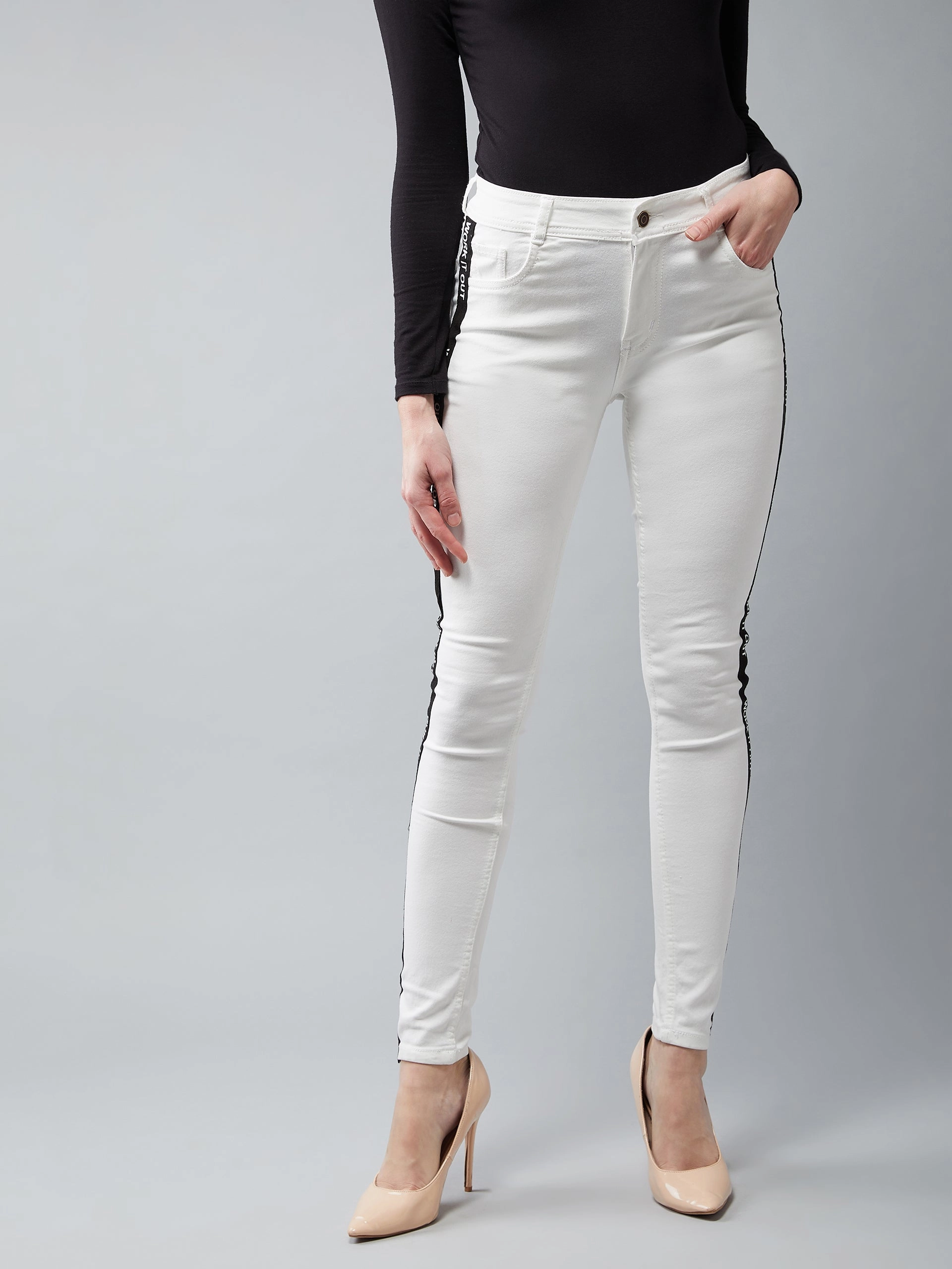 Stretch Road Trip Brunch Outfit Durable Summer Vibes Women's White Skinny Mid-Rise Twill Tape Detailing Stretchable Denim Jeans