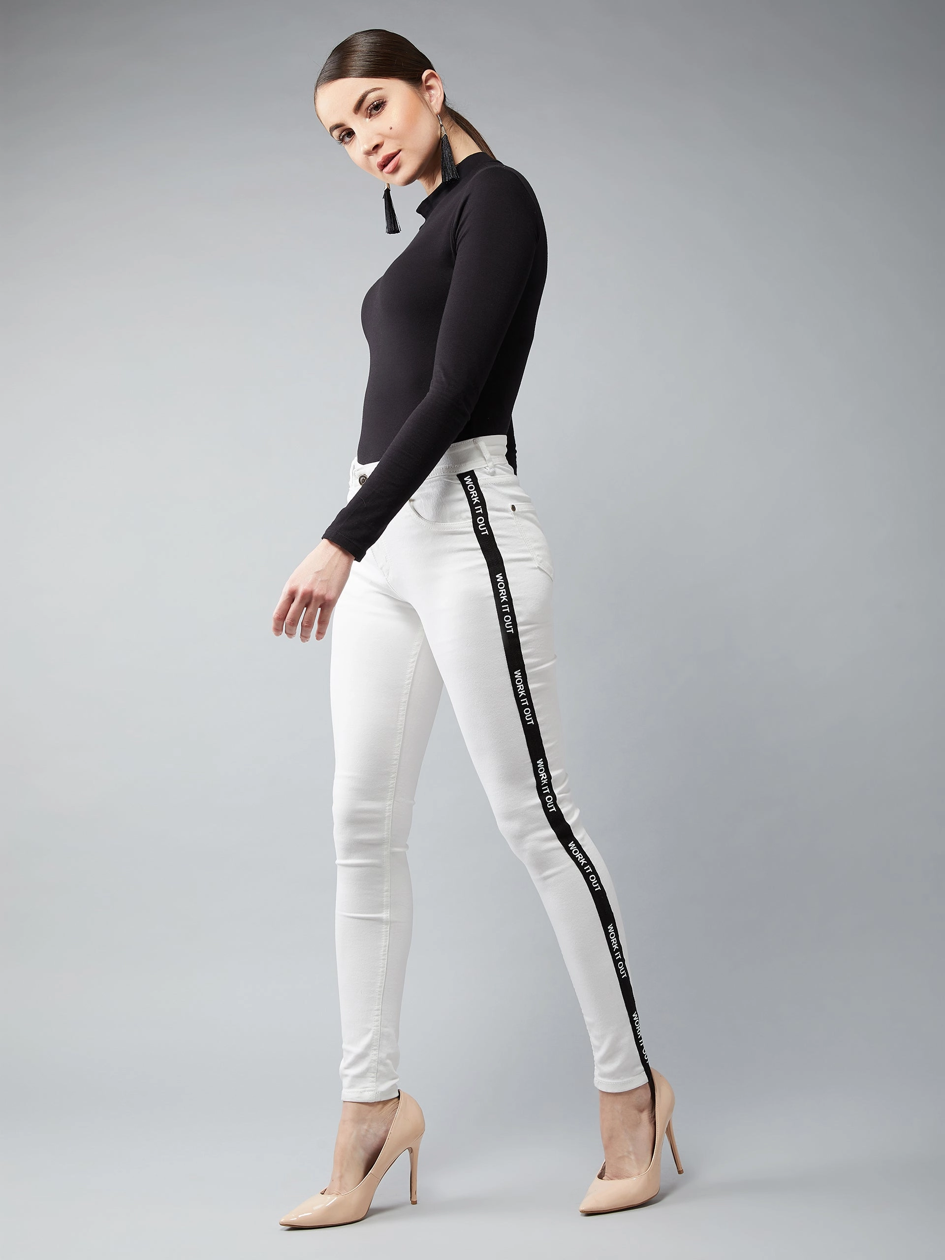 Women's White Skinny Mid-Rise Twill Tape Detailing Stretchable Denim Jeans Office Wear Trendy Home Comfort Fitted Design