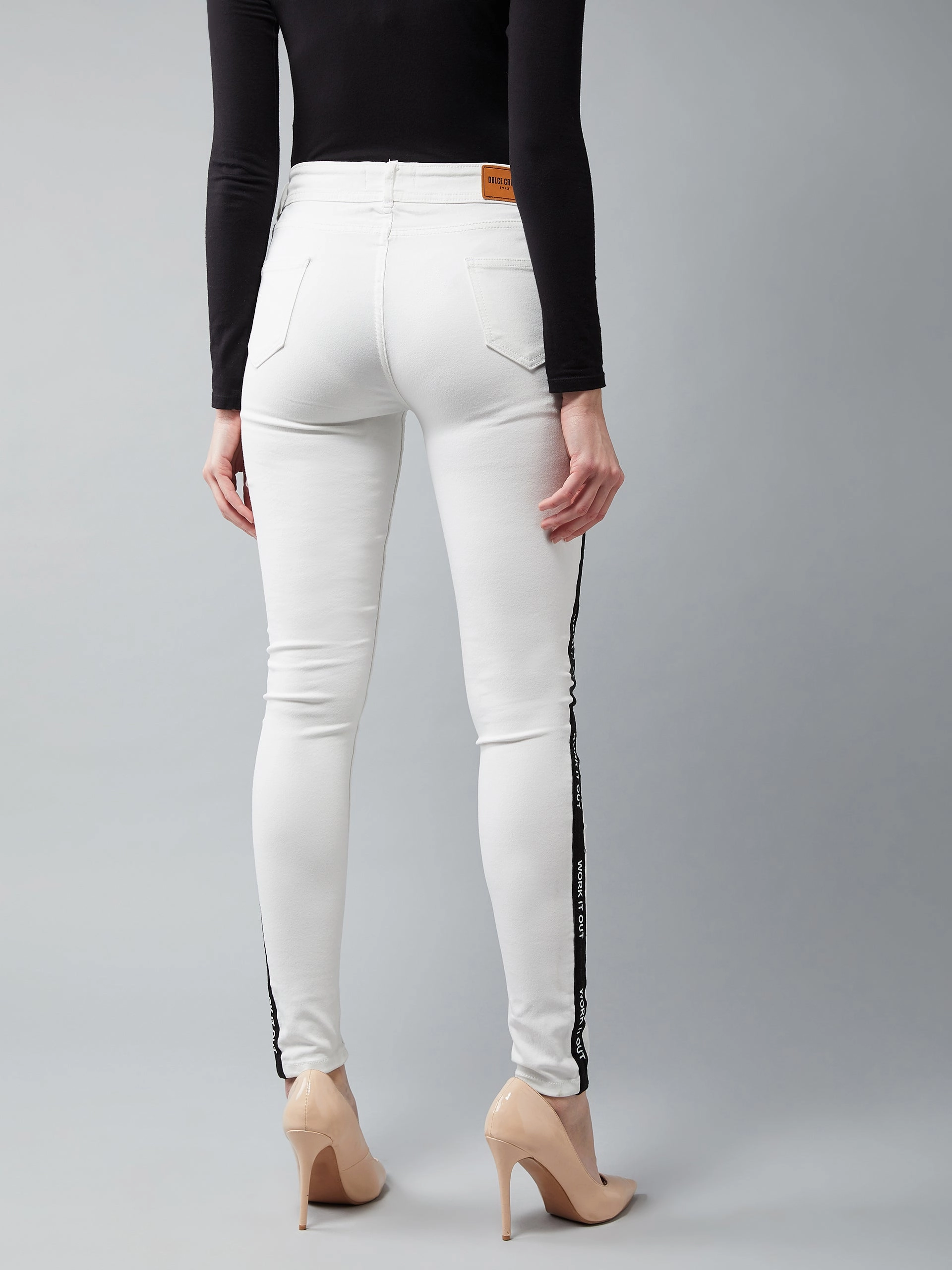 Women's White Skinny Mid-Rise Twill Tape Detailing Stretchable Denim Jeans Work Meeting Unisex Wear Weekend Warrior