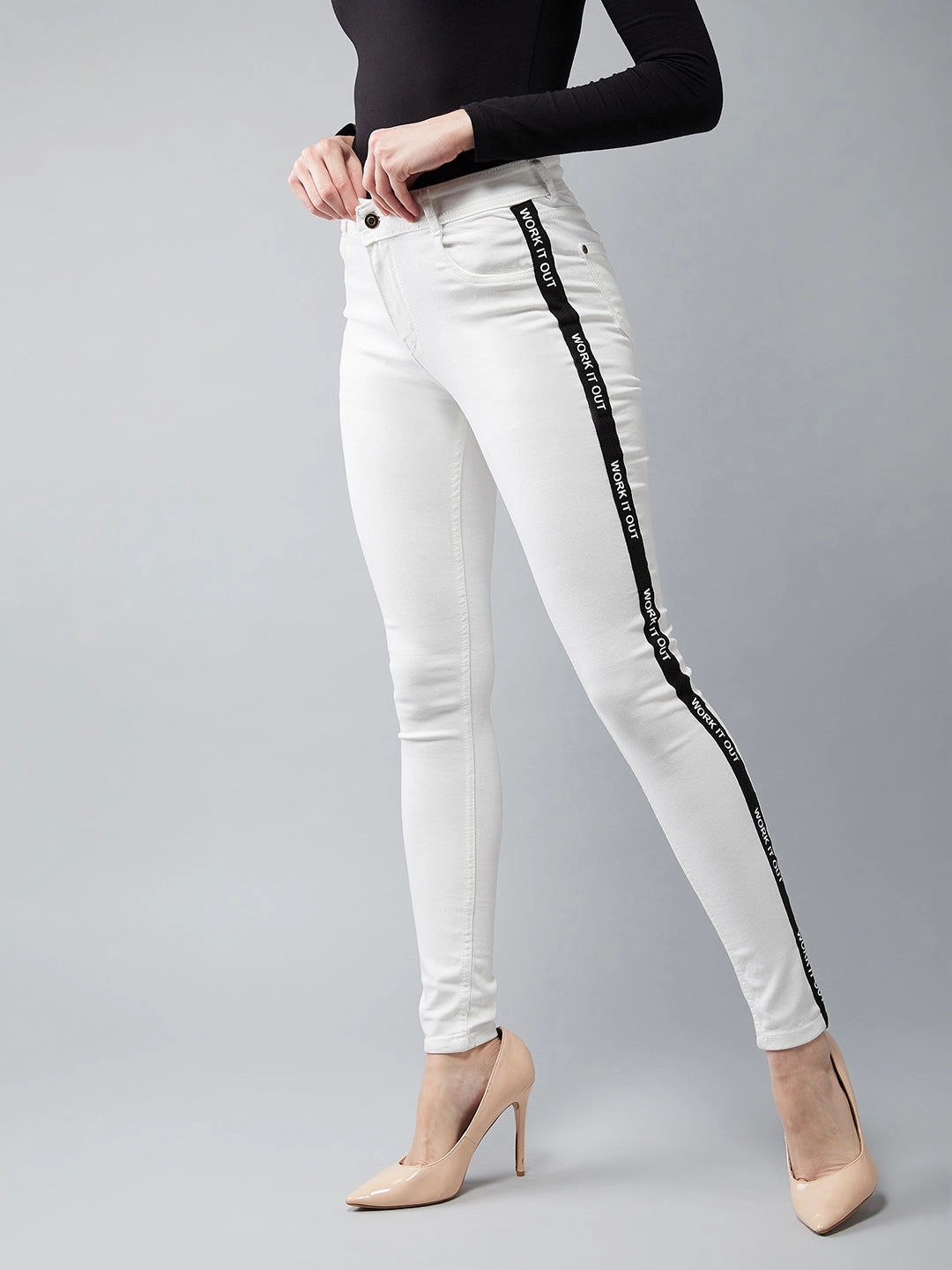 Women's White Skinny Mid-Rise Twill Tape Detailing Stretchable Denim Jeans Morning Stroll Music Event Office Wear