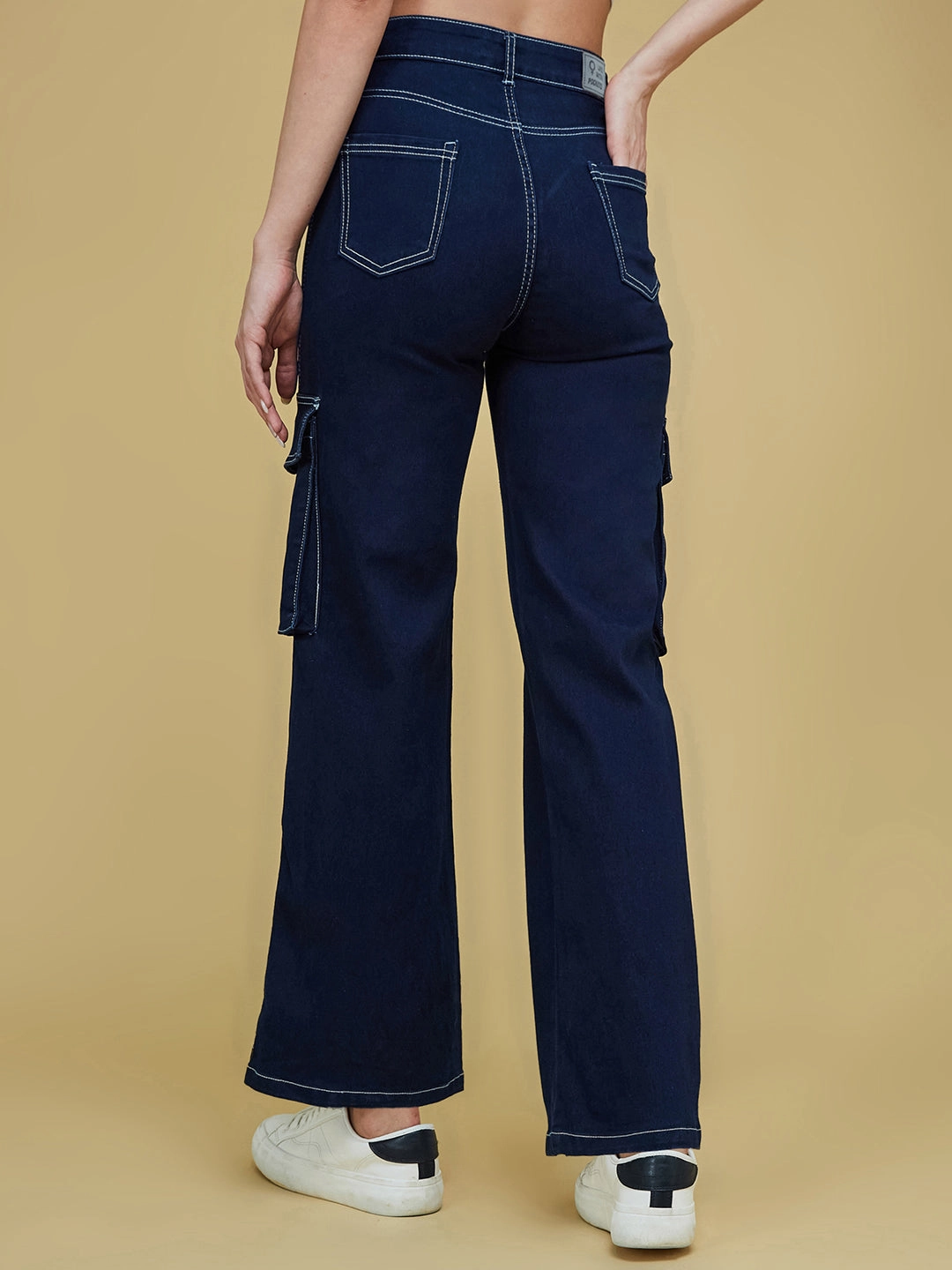 Women's Navy Blue Wide-Leg High-Rise Clean-Look Regular Stretchable Denim Jeans Lockstitch Construction