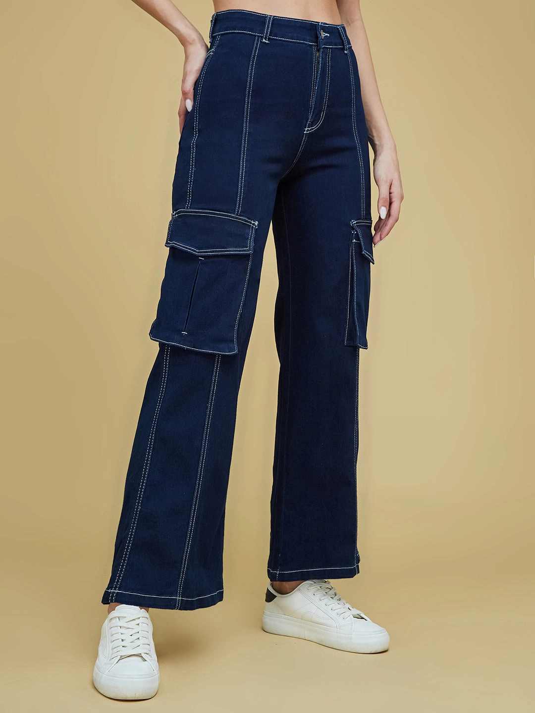 Neutral Daily Wear Adult Fashion Wear Anytime Women's Navy Blue Wide-Leg High-Rise Clean-Look Regular Stretchable Denim Jeans