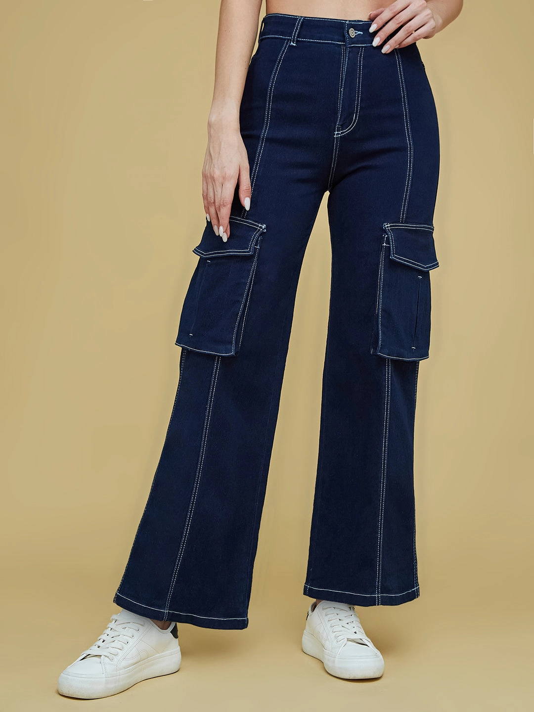 Women's Navy Blue Wide-Leg High-Rise Clean-Look Regular Stretchable Denim Jeans High Quality Bold Look Summer Vibes