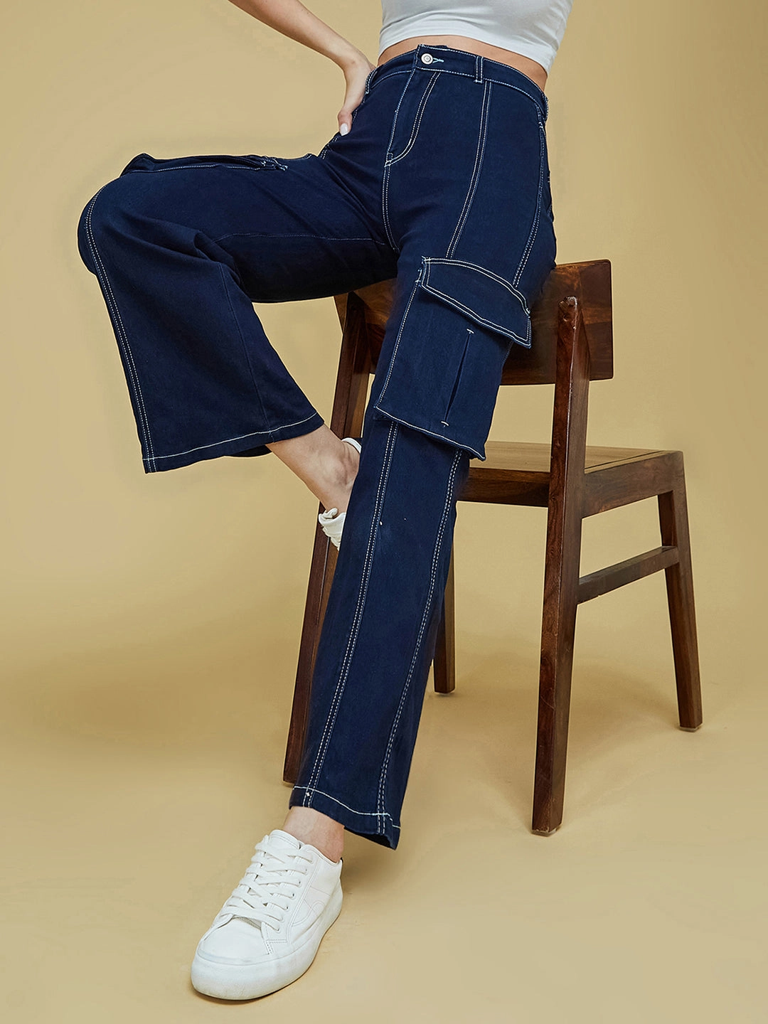 Women's Navy Blue Wide-Leg High-Rise Clean-Look Regular Stretchable Denim Jeans Smart Casual Spring Mood Formal