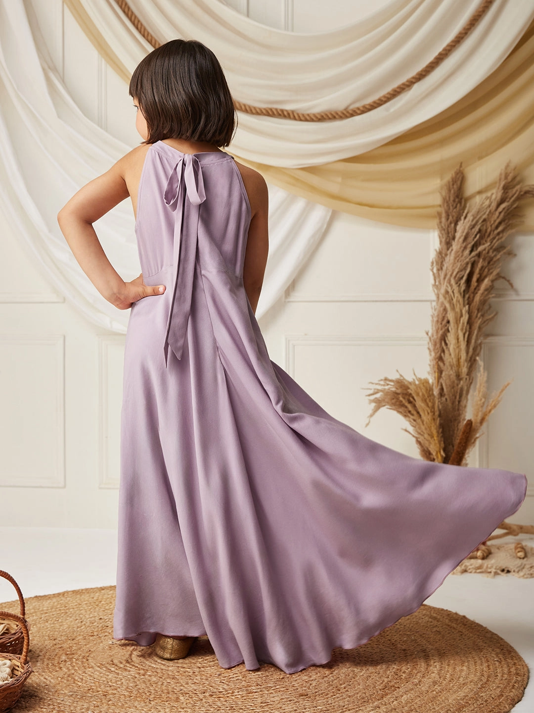 Lavender Halter-Neck Sleeveless Embellished Fit & Flare Viscose-Rayon Maxi Dress Office Smart Water-resistant