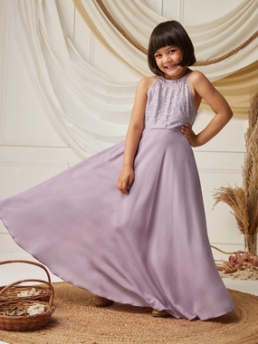 Lavender Halter-Neck Sleeveless Embellished Fit & Flare Viscose-Rayon Maxi Dress Smooth Wear