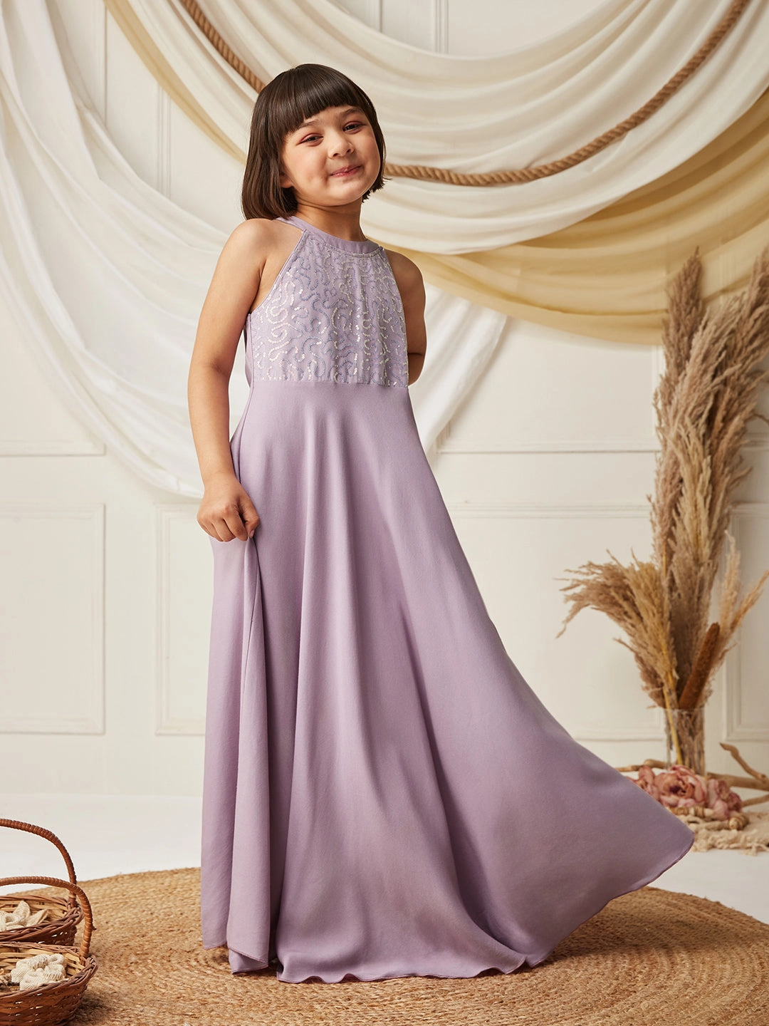Lavender Halter-Neck Sleeveless Embellished Fit & Flare Viscose-Rayon Maxi Dress UVProtectiveLayer