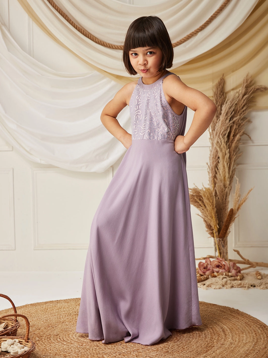 Lavender Halter-Neck Sleeveless Embellished Fit & Flare Viscose-Rayon Maxi Dress ReversibleStyle