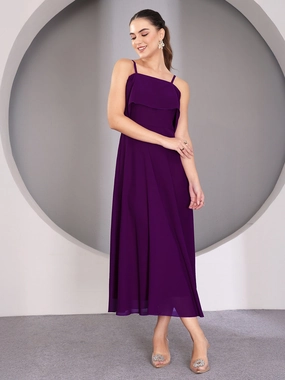 Women's Purple Bardot Style Sleeveless Spaghetti Strap Solid Off Shoulder Midi Skater Dress Clean Lines Wrap style