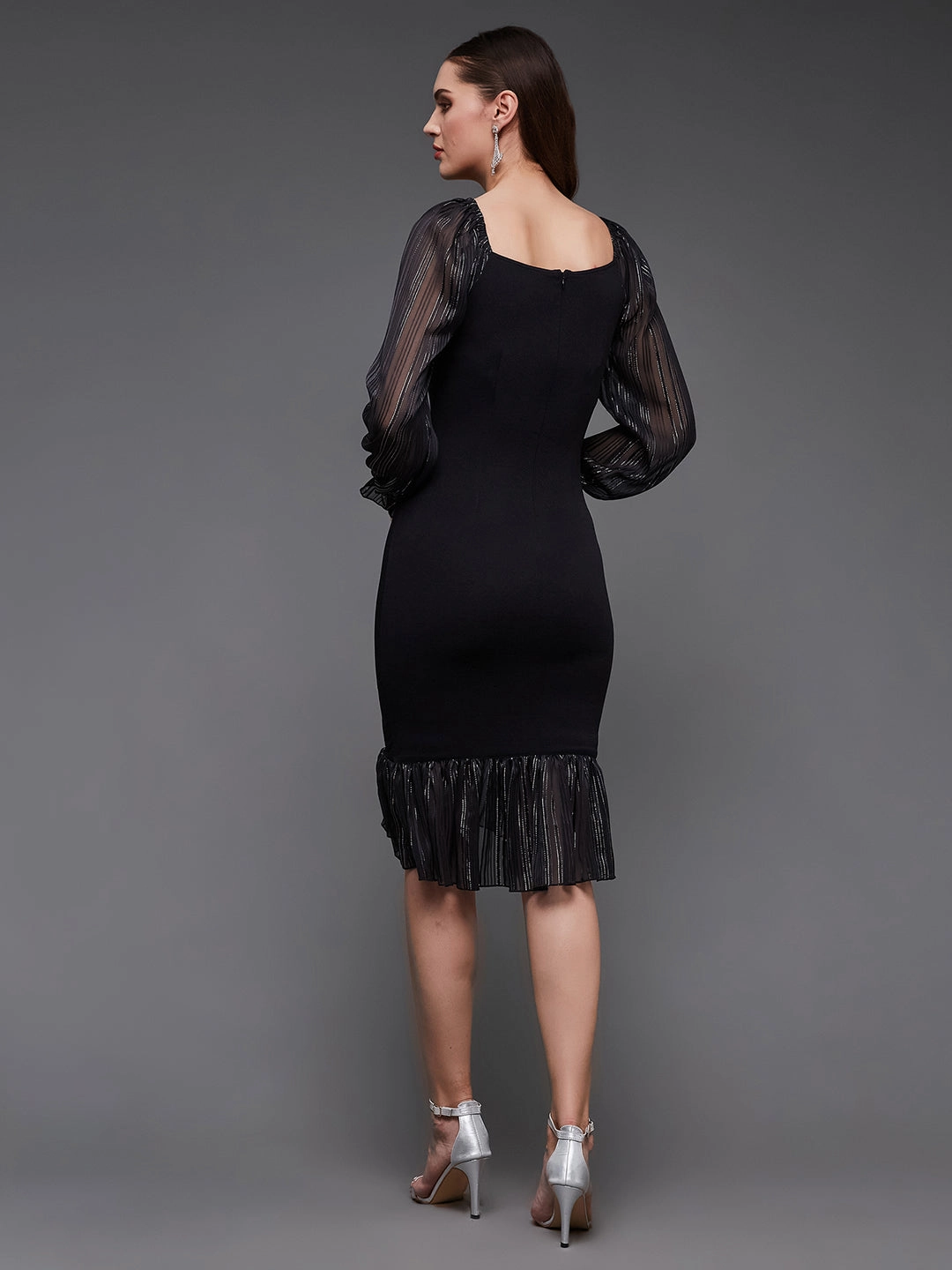 Crease Ease Women's Black Square Puff Sleeve Solid Ruching Midi Party Dress DoubleLayeredMaterial Noble Glow