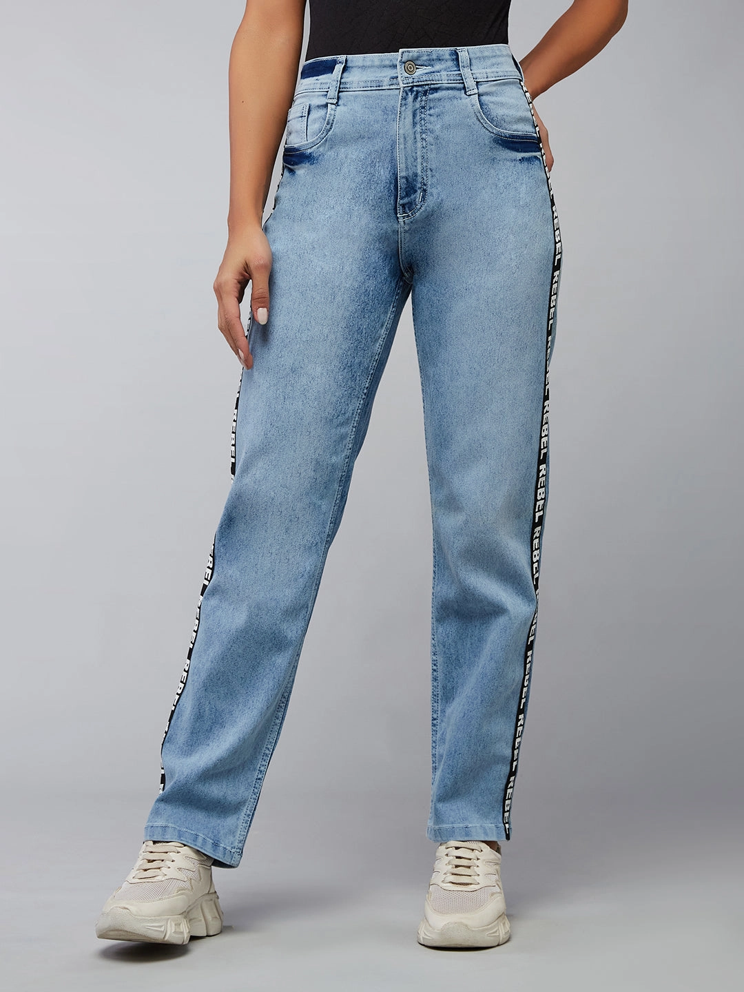 Fashion Essential CHASEstretch? Light Blue Slim High-Rise Tape Detailing Denim Jeans