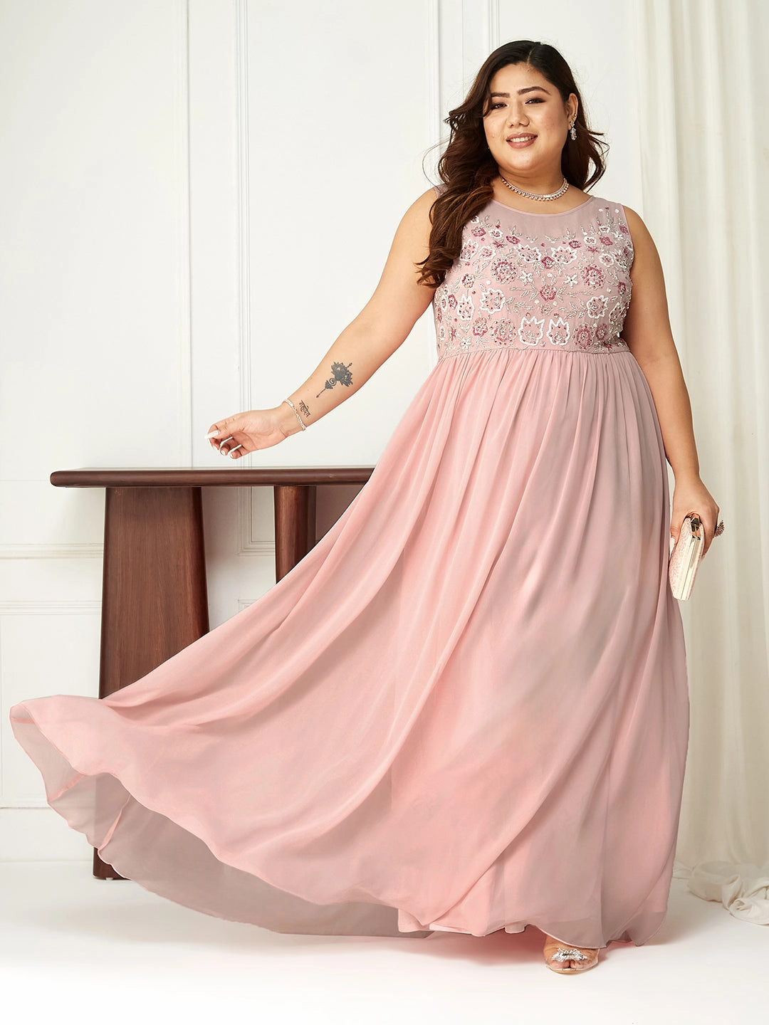 Tailored Layers Refined fit Body Bliss Pink Sequin Embroidery Gathered Maxi Dress