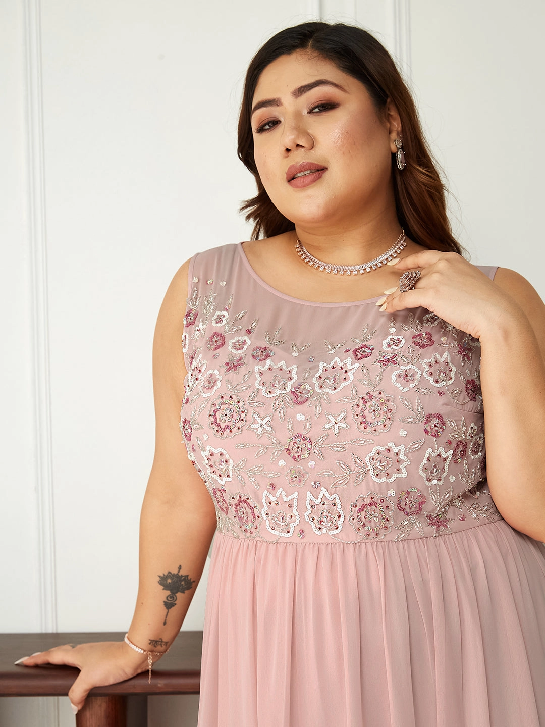 Seasonal Essential Gathered Skirt Body Bliss Pink Sequin Embroidery Gathered Maxi Dress