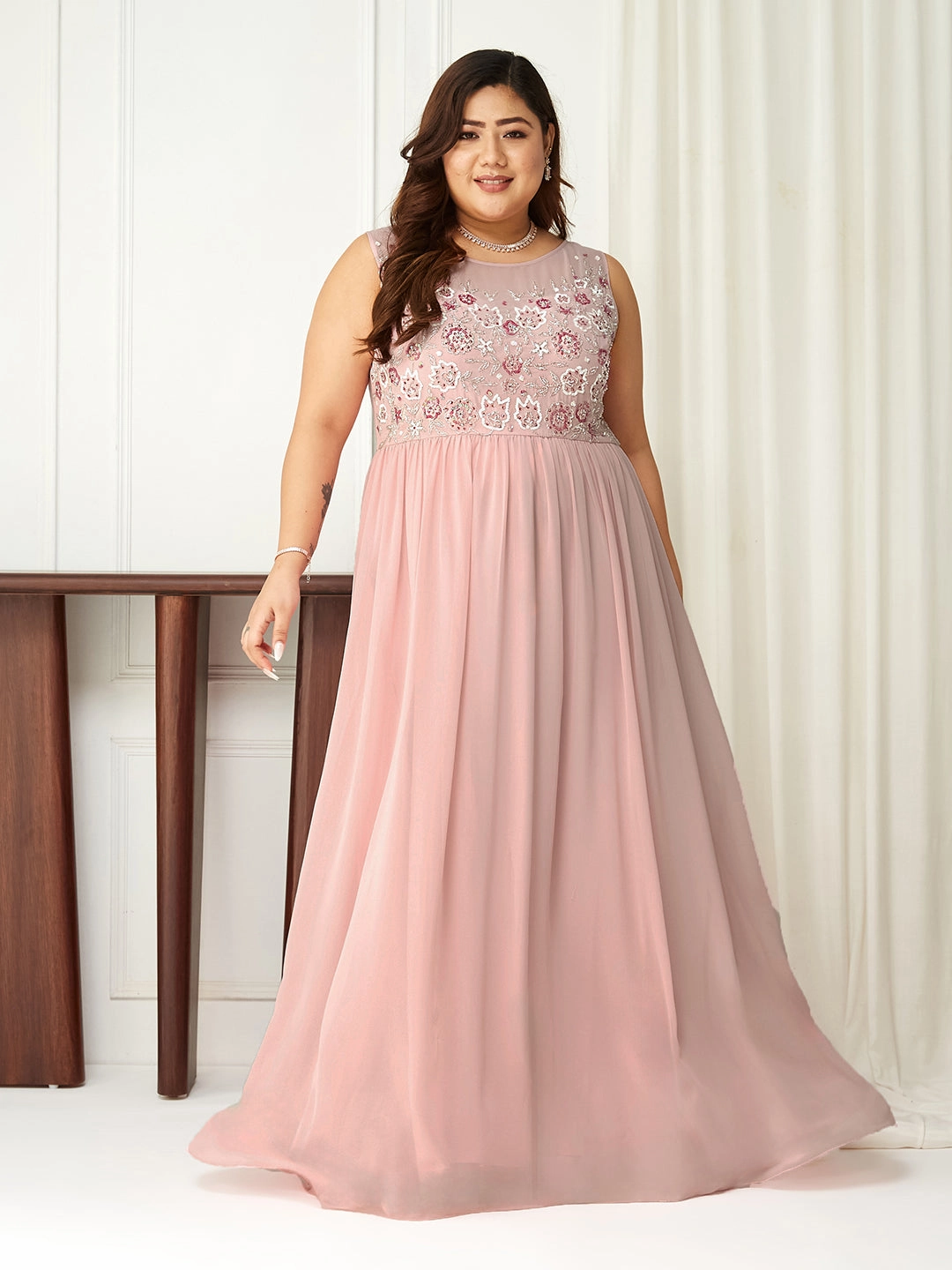Playful touch Body Bliss Pink Sequin Embroidery Gathered Maxi Dress