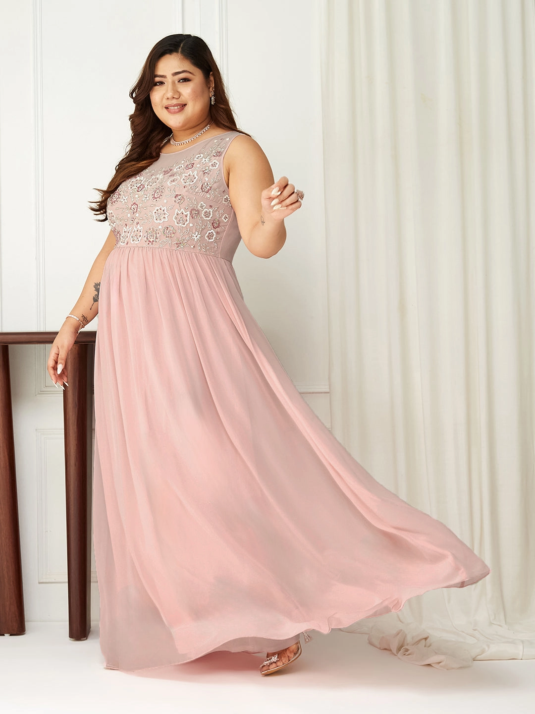 Body Bliss Pink Sequin Embroidery Gathered Maxi Dress Smart Layers