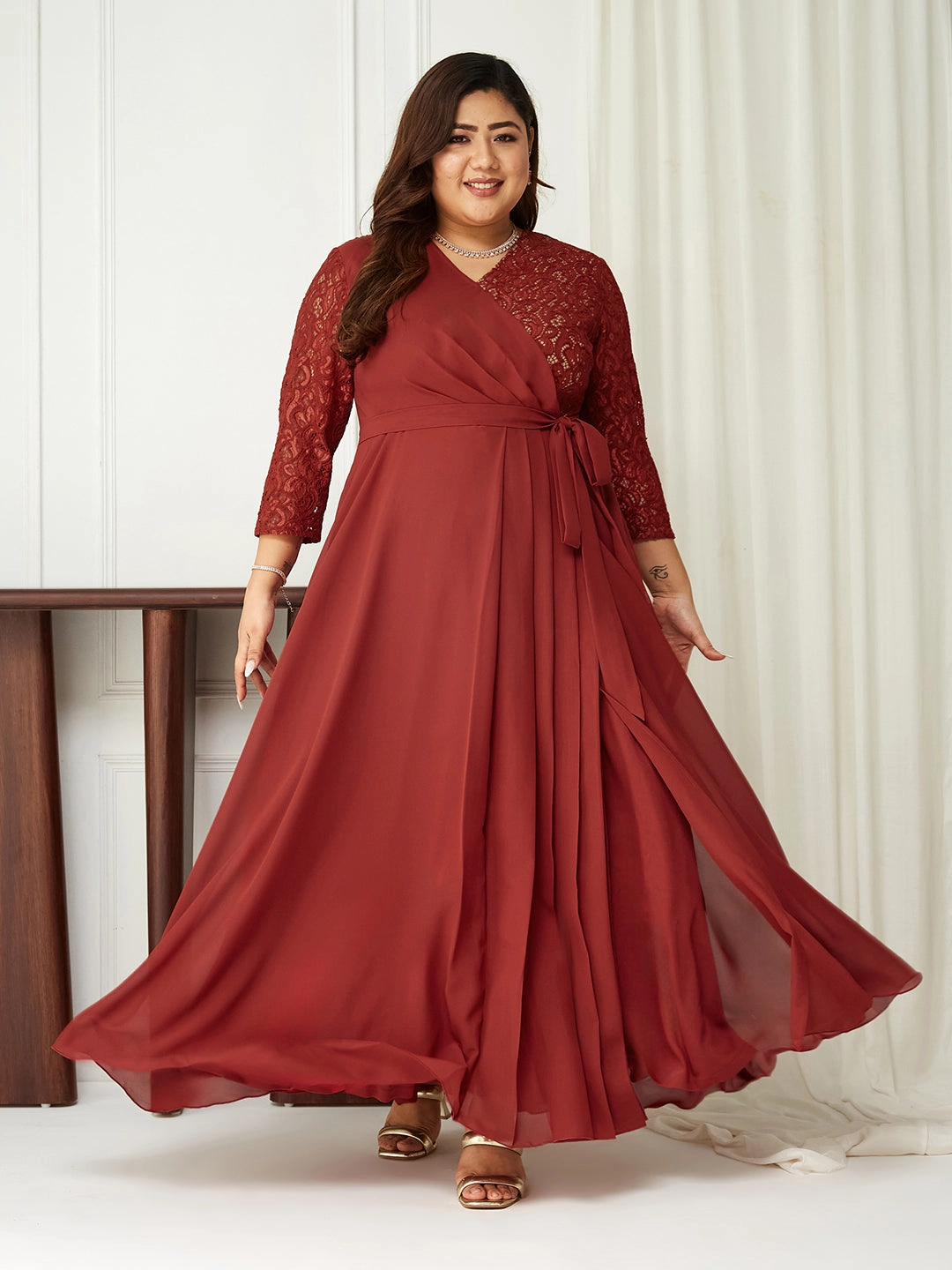 Body Bliss Brick Red Self-Designed Wrap Styled Georgette Maxi Dress Easy Drape