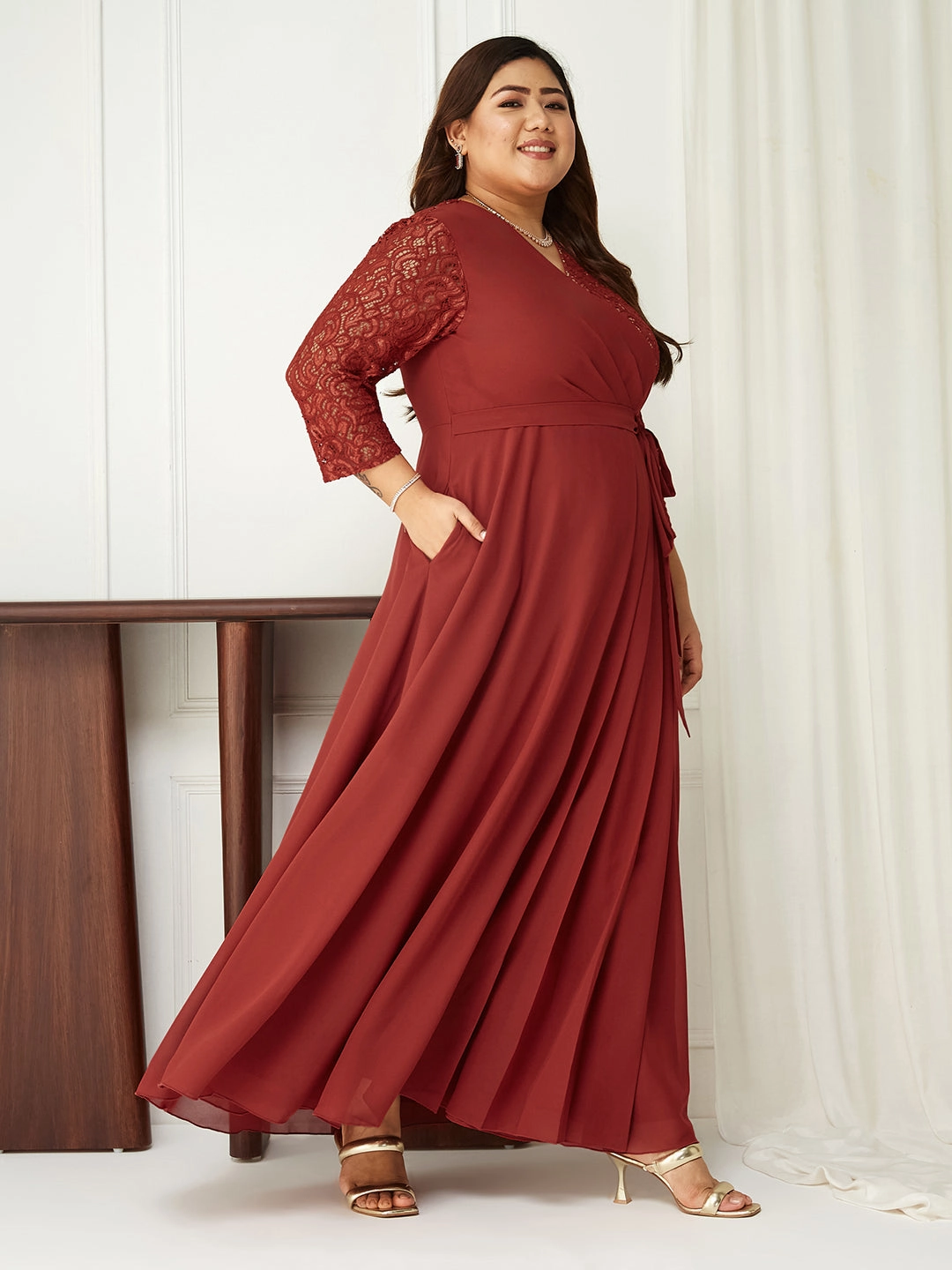 Body Bliss Brick Red Self-Designed Wrap Styled Georgette Maxi Dress Comfortable Layer