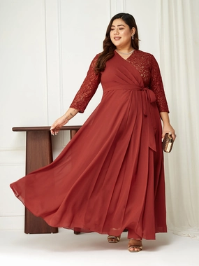Body Bliss Brick Red Self-Designed Wrap Styled Georgette Maxi Dress Soft Detail