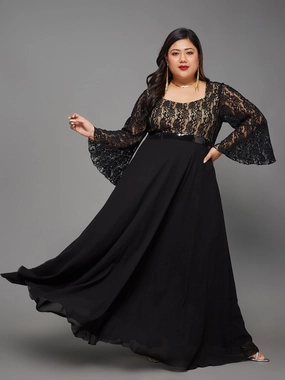 Floor-Length Body Bliss Black Floral Lace-Overlaid Georgette Maxi Dress