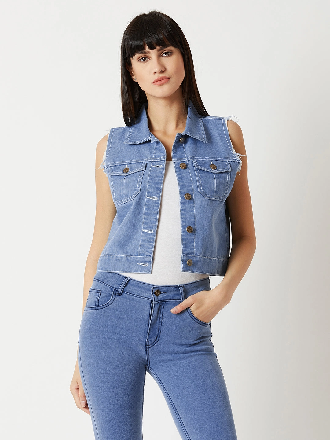 Women's Light Blue Polo Neck Sleeveless Denim Solid Buttoned Ice Wash Raw Edge Detailing Crop Denim Jacket FadeResistant Print TearResistantFabric
