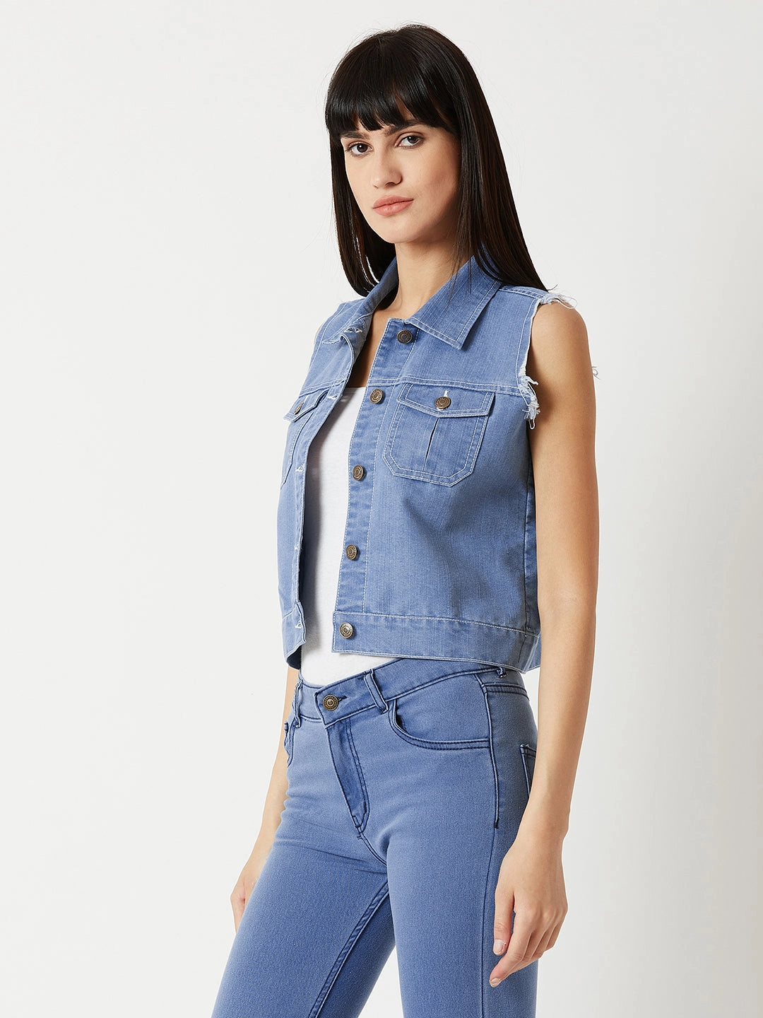 Women's Light Blue Polo Neck Sleeveless Denim Solid Buttoned Ice Wash Raw Edge Detailing Crop Denim Jacket Oversized Silhouette Soft Touch