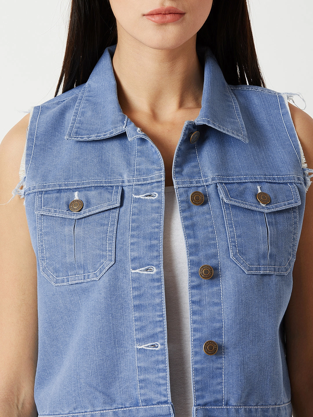 Layer Essential Piece Women's Light Blue Polo Neck Sleeveless Denim Solid Buttoned Ice Wash Raw Edge Detailing Crop Denim Jacket